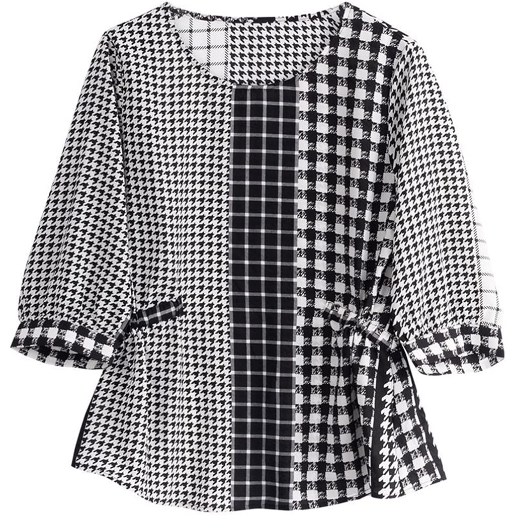 SLATIOM Women's Casual Chiffon Blouse - Spring Summer Loose Plaid Shirt with O-Neck in Black | Flowy Tops for Work, Date Night & Outdoor Activities (Size XXXL)