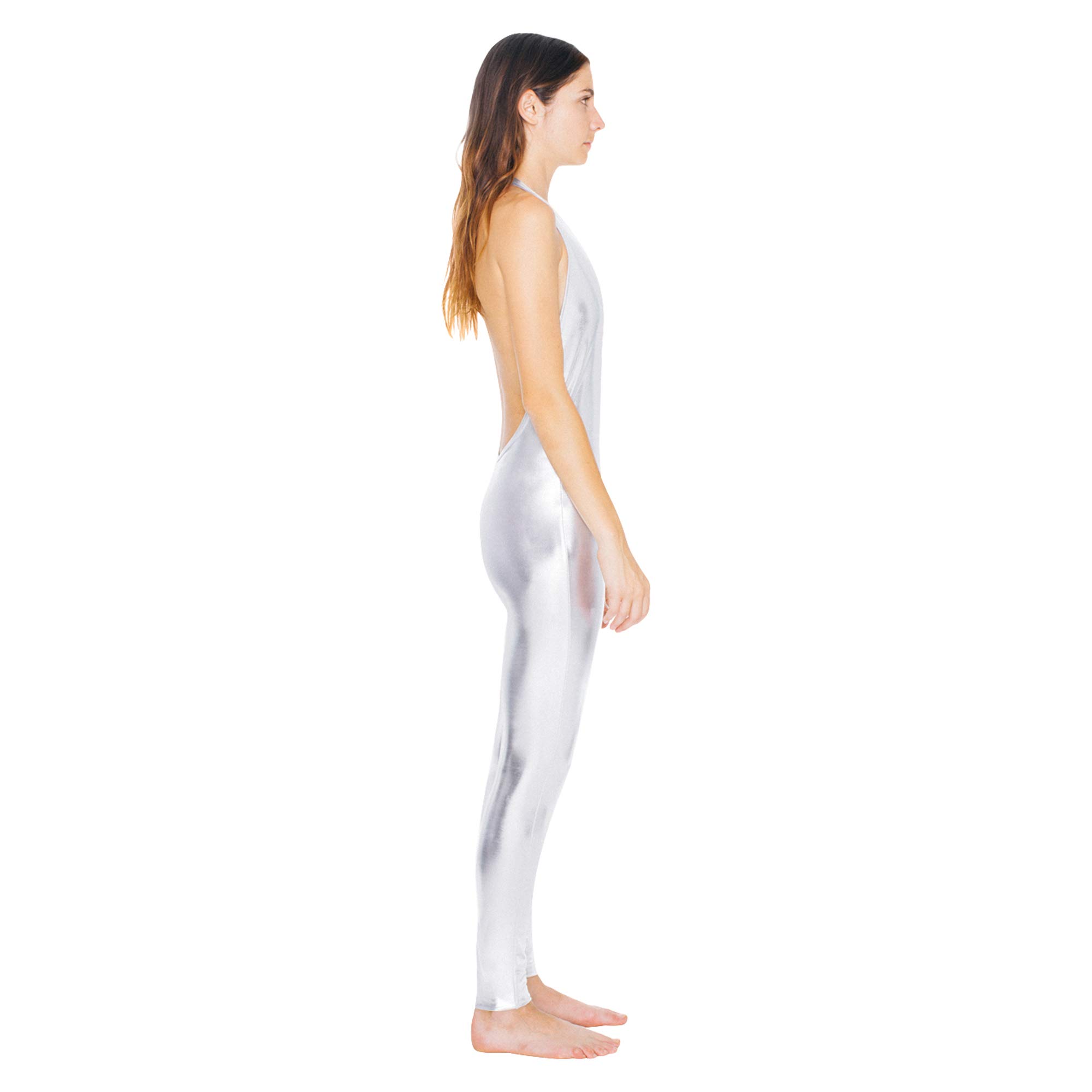 American Apparel Women's Metallic Halter Catsuit - Sexy Shiny Bodycon Jumpsuit for Clubwear, Cosplay & Night Out Outfits