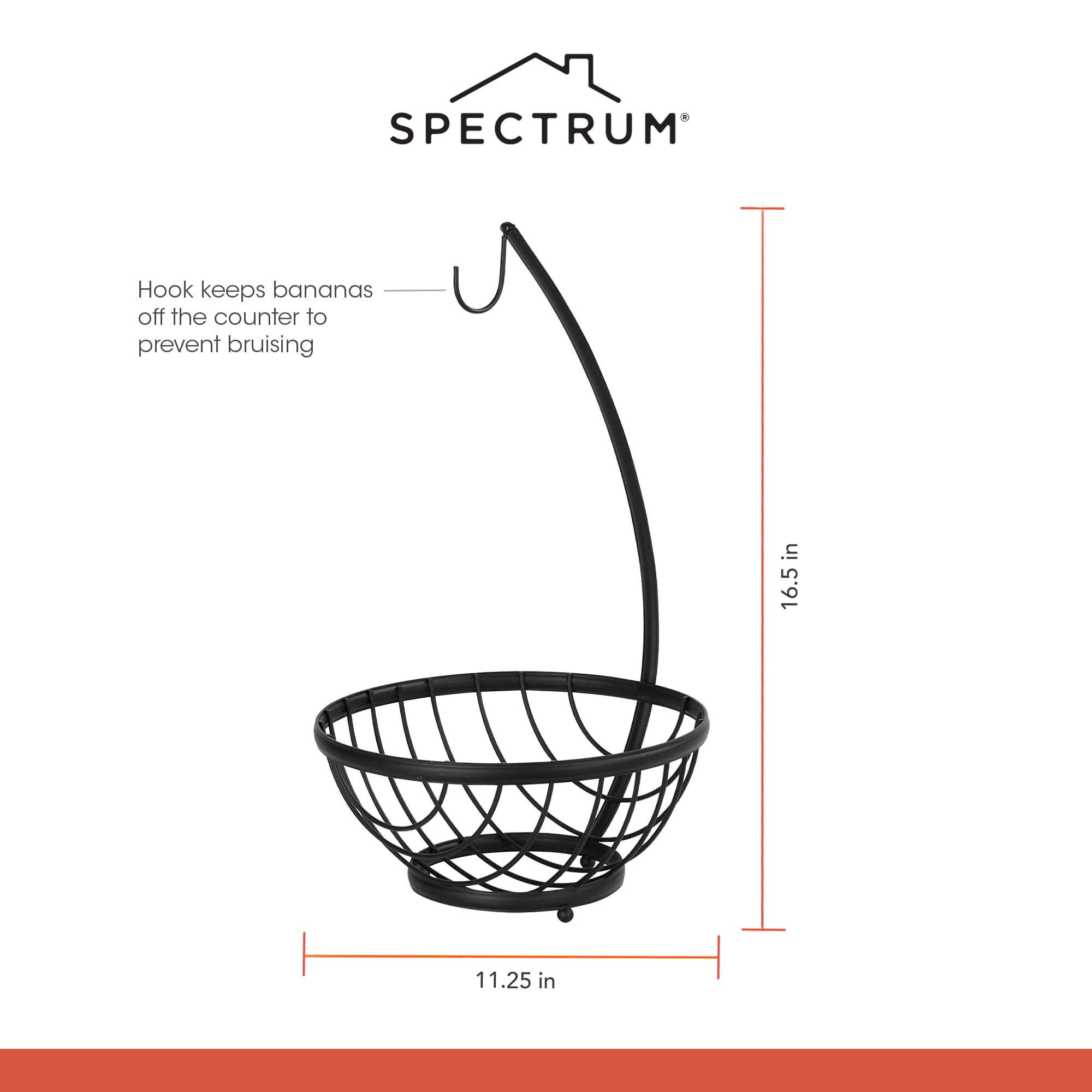 Spectrum Ashley Open Wire Fruit Basket with Banana Hanger - Rustic Kitchen Countertop Produce Storage for Bananas, Vegetables & Fruits - Perfect for Farmhouse, Modern & Small Kitchen Decor