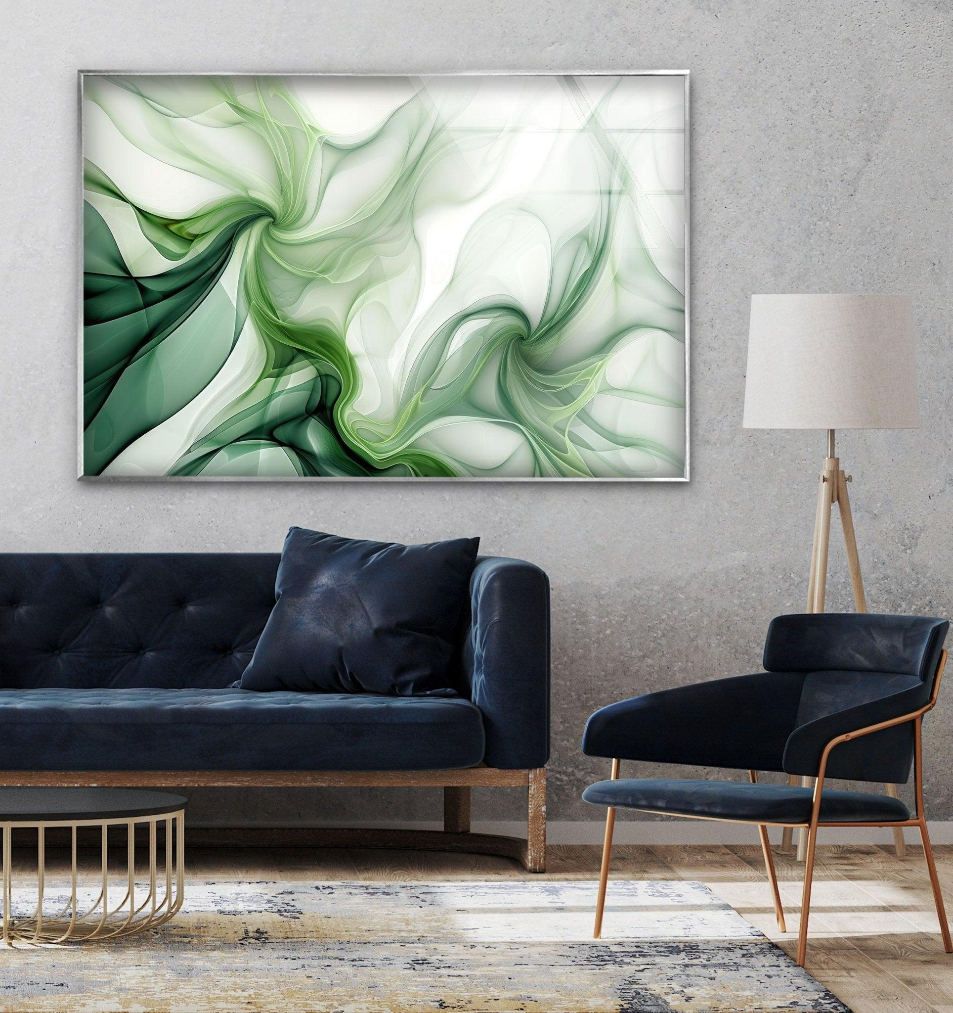 Abstract Green Ink Splash Glass Wall Art - Modern Home Decor for Living Room, Bedroom & Office - Unique Handmade Glass Painting for Contemporary Interior Design
