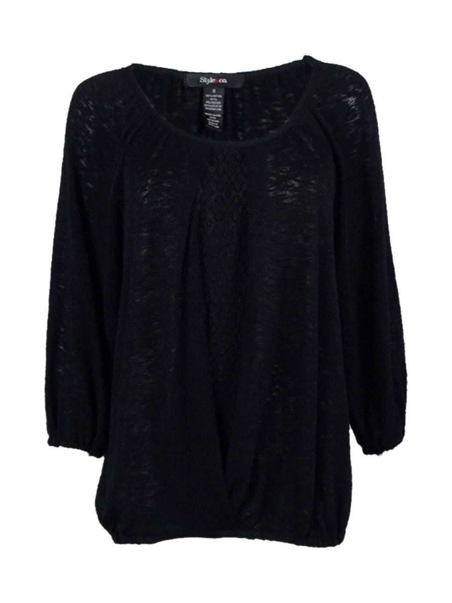 Style & Co. Women's Crochet-Trim Blouson Top - Black, Small | Boho Chic Summer Blouse for Casual Outings & Beach Vacations
