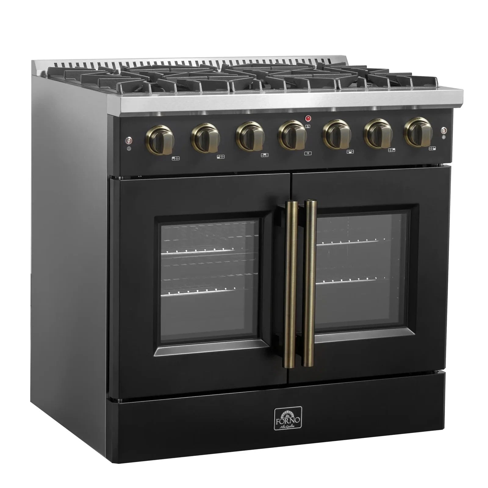 Forno Galiano 36 Inch French Door All Gas Range - Black with Antique Brass Trim - Model FFSGS6444 36BLK - Perfect for Modern Kitchens & Professional Chefs