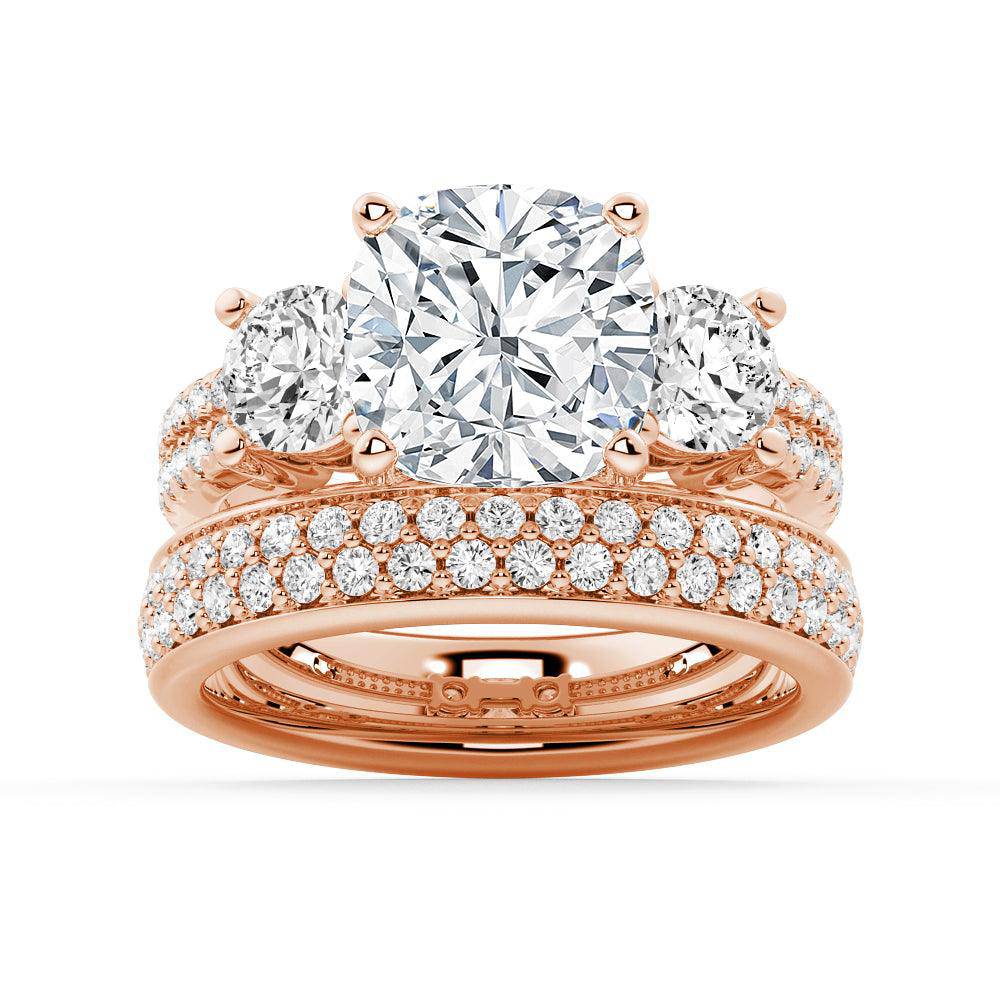 Double Row Pave Three Stone Cushion Cut Moissanite Engagement Ring for Women - Elegant Wedding Band, Anniversary Gift, Promise Ring for Brides & Fiancées