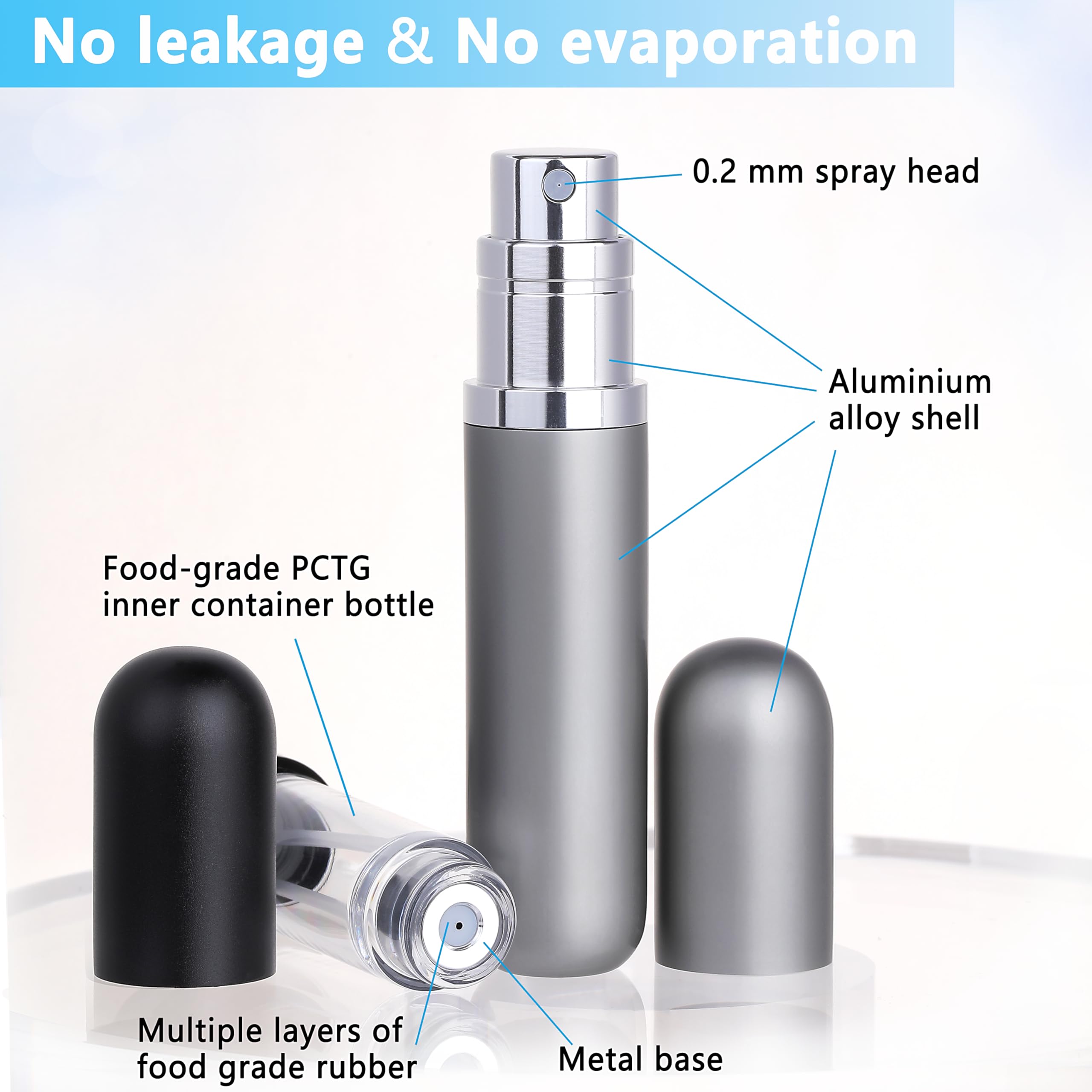 Premium 5ml Refillable Travel Perfume Atomizer Bottle 2-Pack - Leakproof & Portable Perfume Sprayer for Women & Men (Gray) - Perfect for Airplane Carry-On, Gym Bag & Everyday Purse