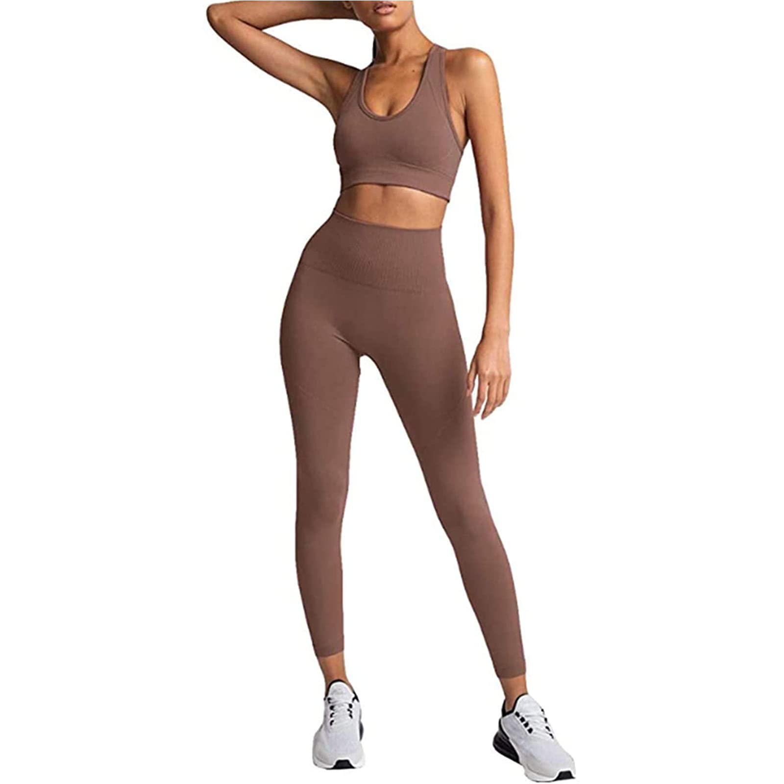 Hotexy Women's 2-Piece Seamless Workout Set - Yoga Leggings & Racerback Sports Bra Gym Outfit in Sequoia Brown | Perfect for Yoga, Gym Training & Active Lifestyle