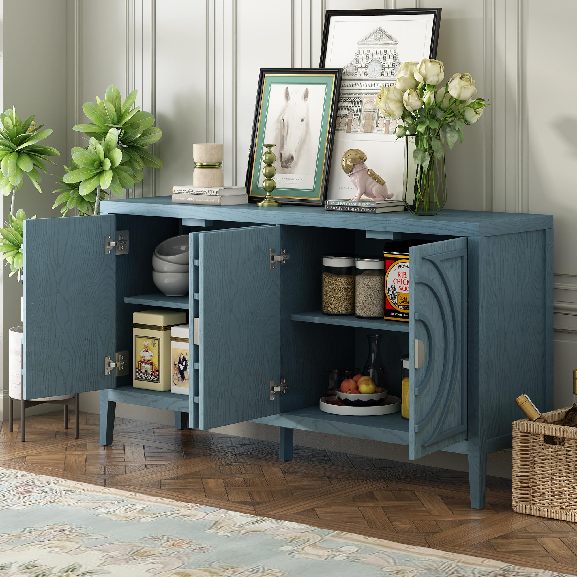 Merax Modern Rustic Wood Buffet Sideboard with Storage Shelf - 4 Door Coffee Bar Cabinet, TV Stand for Living Room, Bedroom, Dining Room & Kitchen - Antique Blue Home Furniture for Entertaining & Storage
