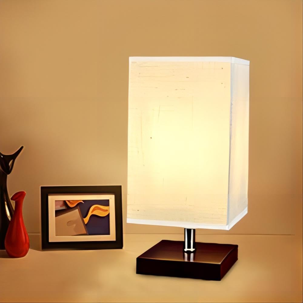 Modern Square LED Table Lamp with Fabric Shade & Solid Wood Base - 4W E27 Bulb Included | Bedside Nightstand Lamp for Bedroom, Living Room, Office & Kids Room | Perfect for Reading, Relaxing & Ambient Lighting