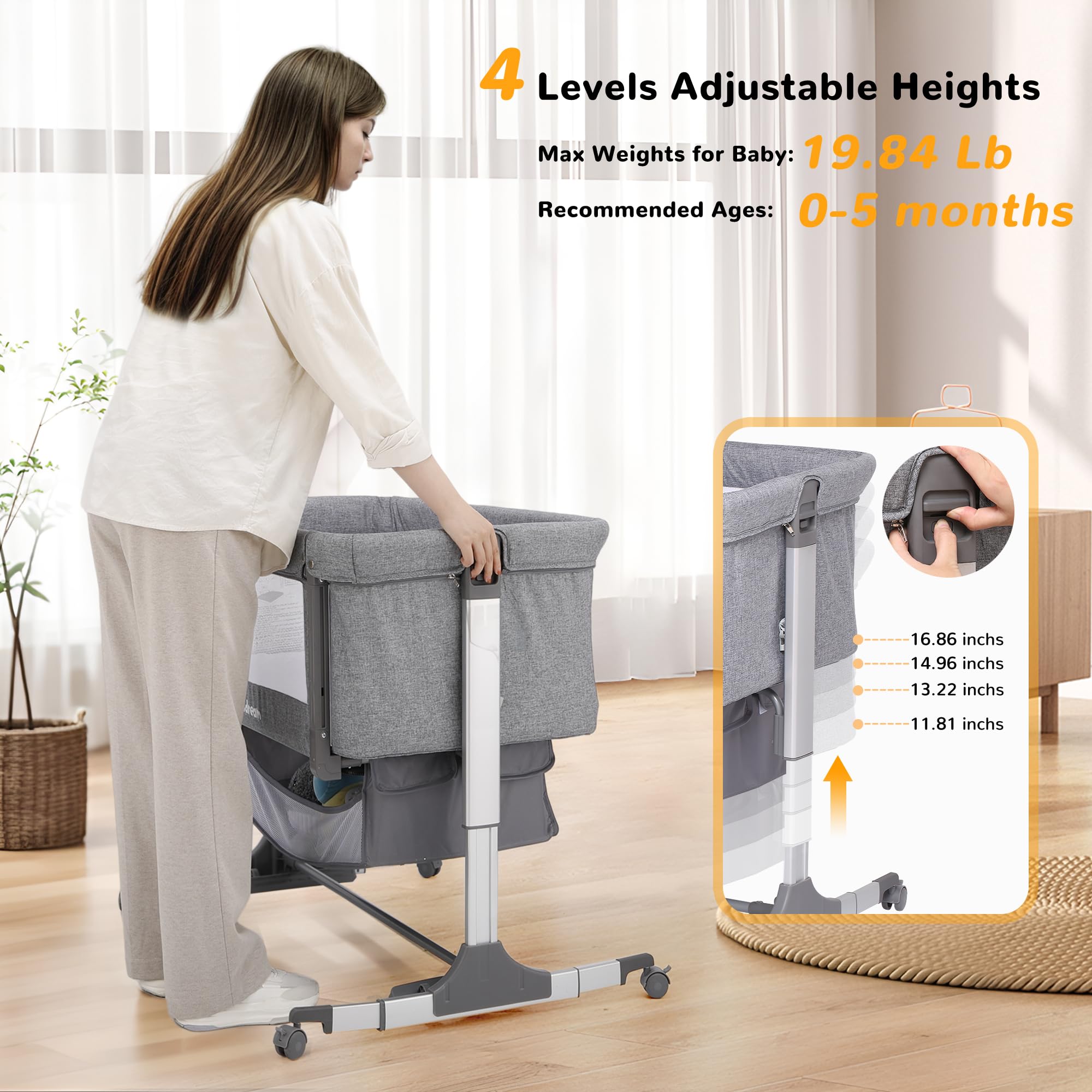Kisdream Portable Baby Bassinet Bedside Co-Sleeper - Adjustable Height Safe Crib for Newborn & Infant - Perfect for Nursery, Bedroom & Travel Use with Tall Parent Beds