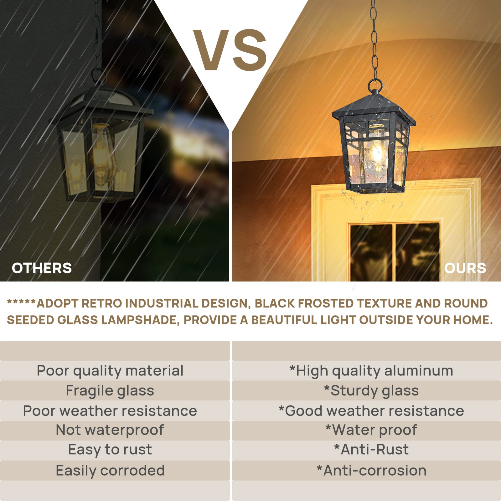 Outdoor Pendant Light Fixture - Waterproof Hanging Porch Lantern with Seeded Glass & Adjustable Chain - Black Exterior Lighting for Entryway, Doorway, Patio, and Garden Decor