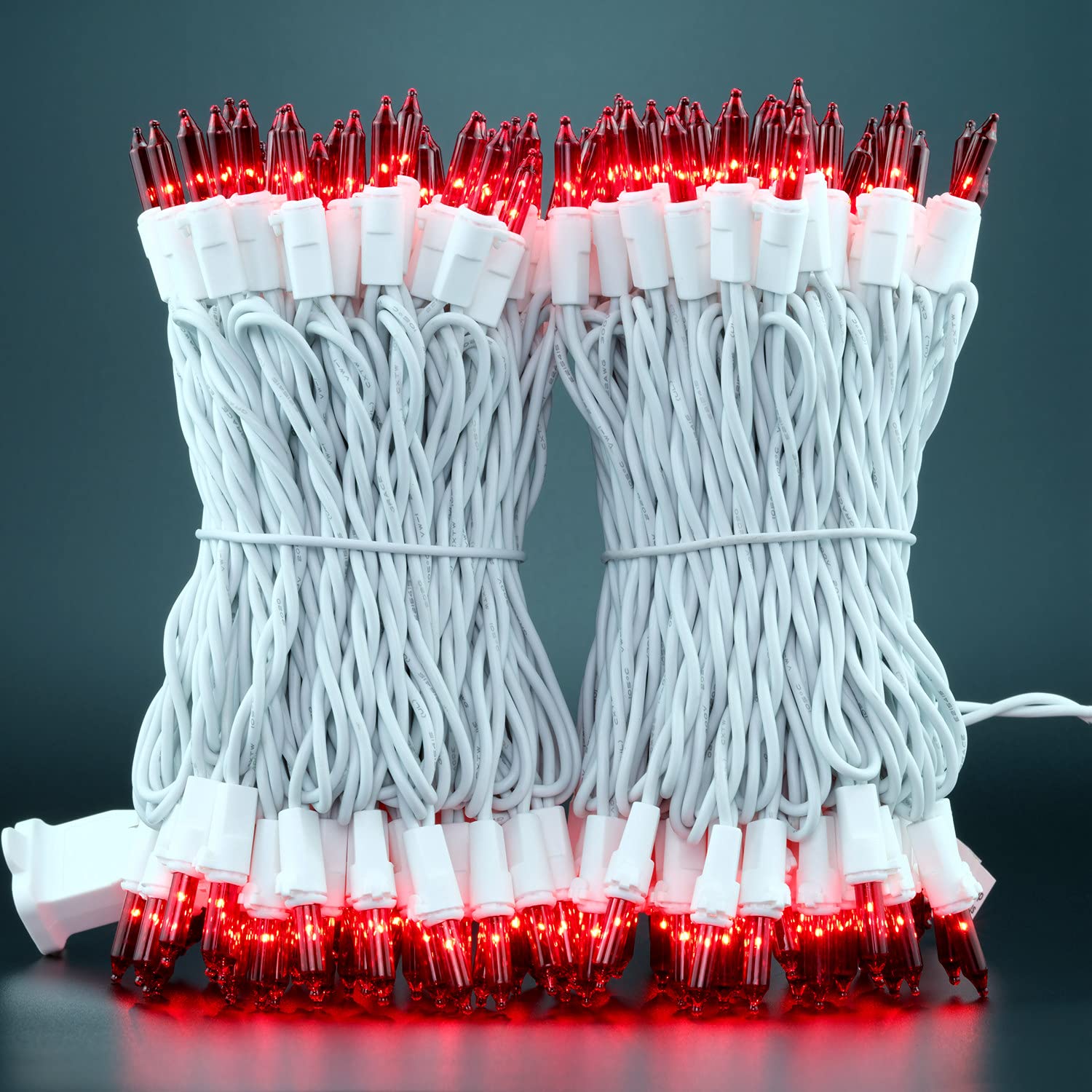 YULETIME 200 Red Christmas Lights - 2 Pack of 33ft 100-Count UL Certified Incandescent String Lights (Red Bulbs, White Wire) for Indoor/Outdoor Holiday Decorations, Christmas Trees, and Party Lighting