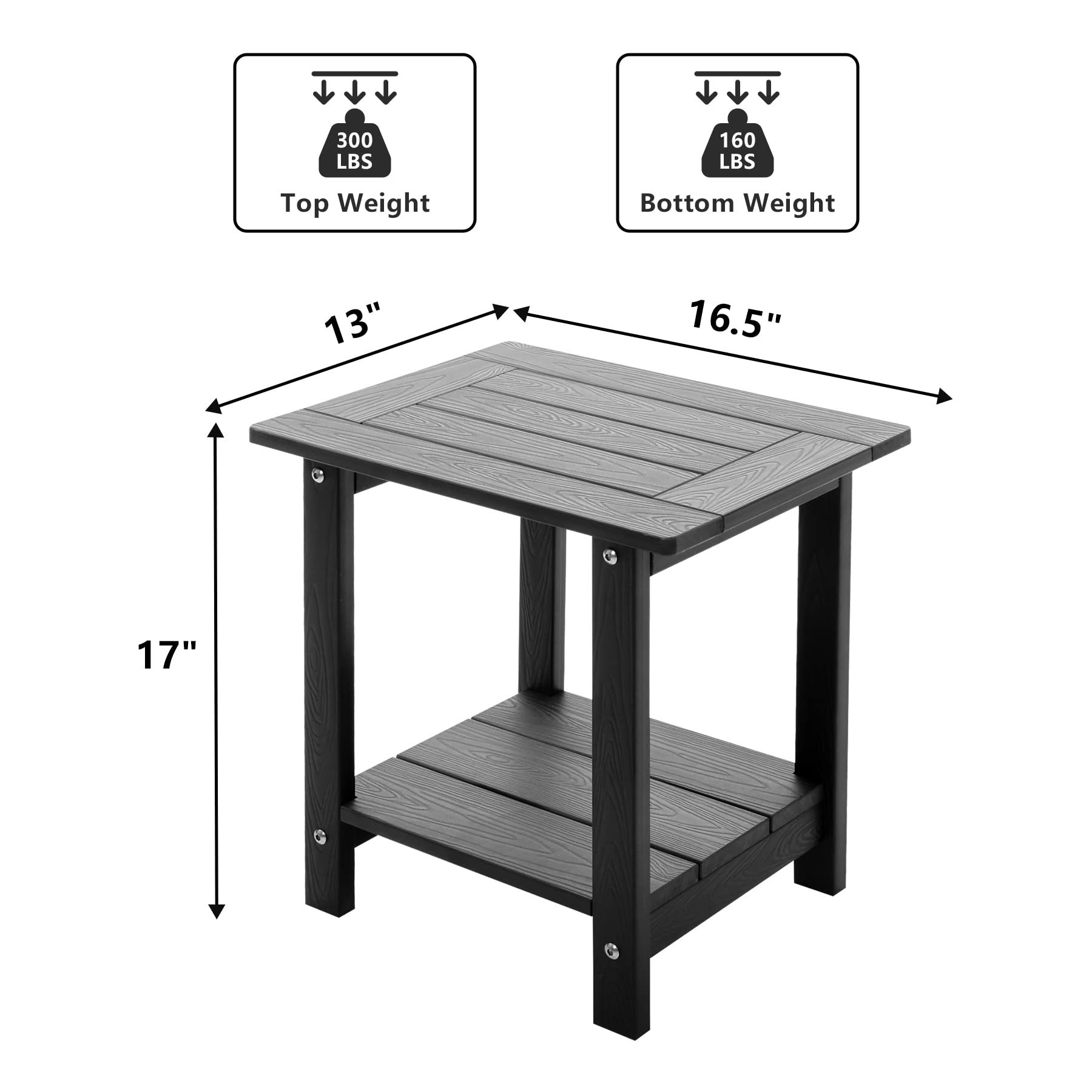 Weather-Resistant Double Adirondack Side Table - Black Wood Grain Outdoor Rectangular End Table for Patio, Garden & Poolside with Adirondack Chairs