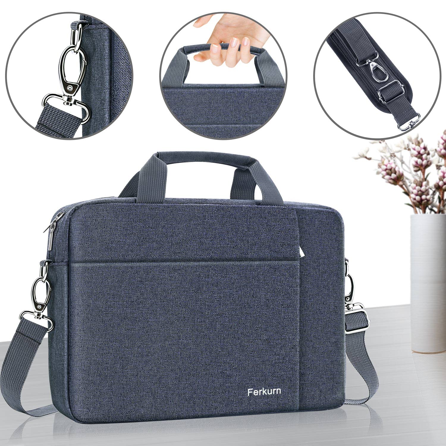 Ferkurn 14 15 15.6 Inch Laptop Bag for Women & Men - Slim Briefcase Messenger Bag Compatible with HP Pavilion, Dell Inspiron XPS, Lenovo ThinkPad, ASUS VivoBook, Acer Chromebook & More - Perfect for Work, School & Travel - Gray