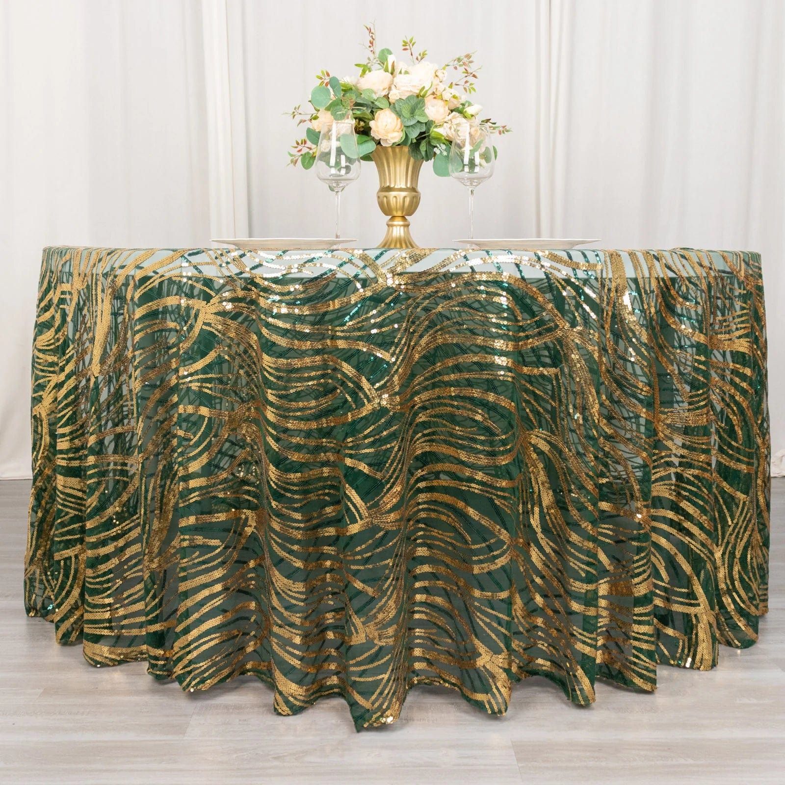 120 Mesh Round Tablecloth with Wavy Embroidered Sequins - Elegant Party Decor for Weddings, Banquets & Special Events