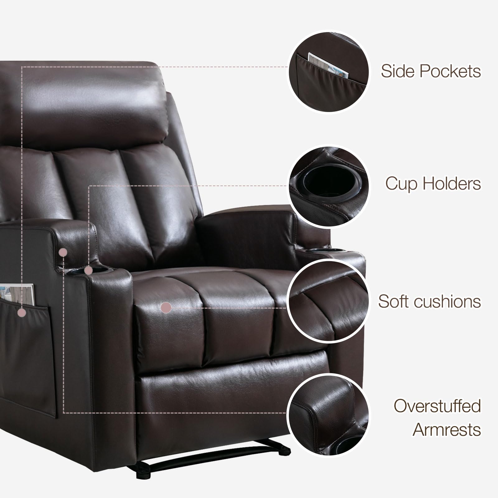 Phoenix Home Manual Recliner Chair with Massage & Heat - Ergonomic Overstuffed Fabric Recliner with Side Pockets, Cup Holders & Remote Control - Perfect for Living Room & Bedroom Relaxation (Brown)