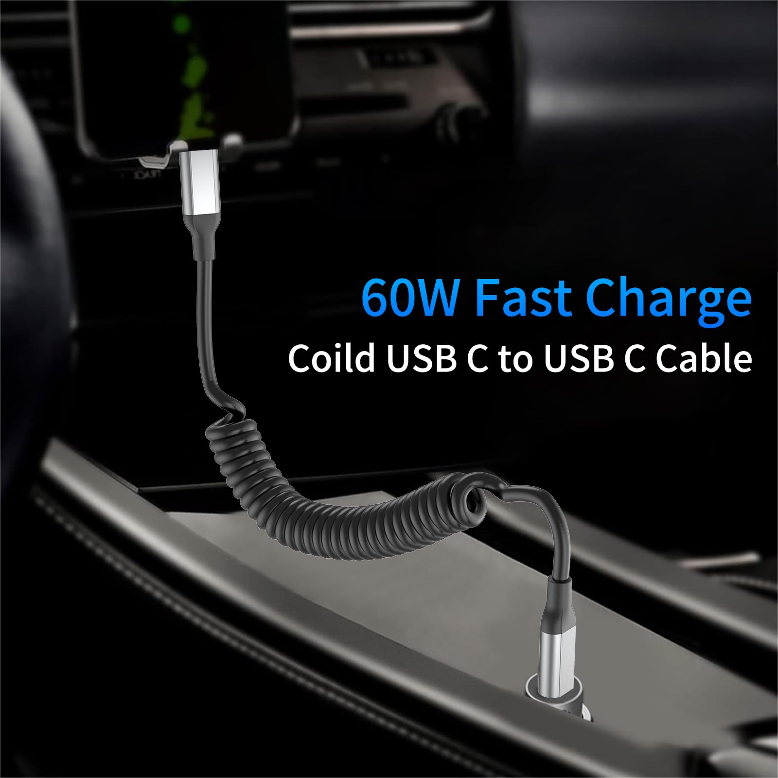 2 Pack Coiled USB C to USB C Cable - 60W PD Fast Charging & Data Transfer - Compatible with iPhone 15 Pro Max, Samsung Galaxy, OnePlus, Huawei Mate, Apple CarPlay - Perfect for Car Charging & Mobile Device Connectivity
