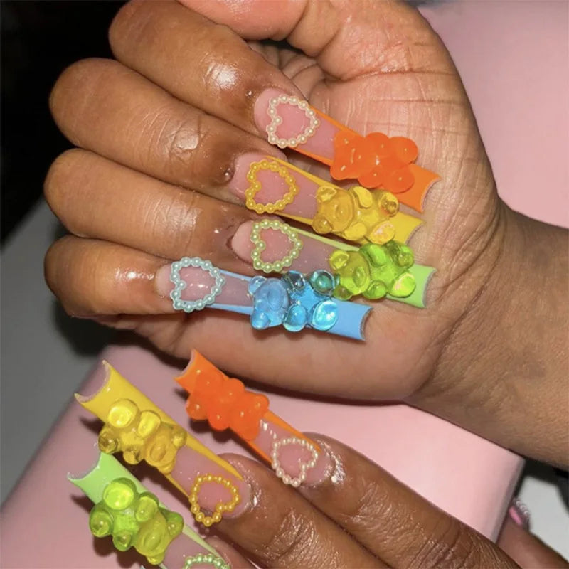 24Pcs French Tip Press on Nails - Long Glitter Rhinestone False Nails with 3D Bow Tie Designs | Wearable Y2K Fake Nails Kit Includes Jelly Glue | Perfect for Parties, Weddings, and Special Occasions