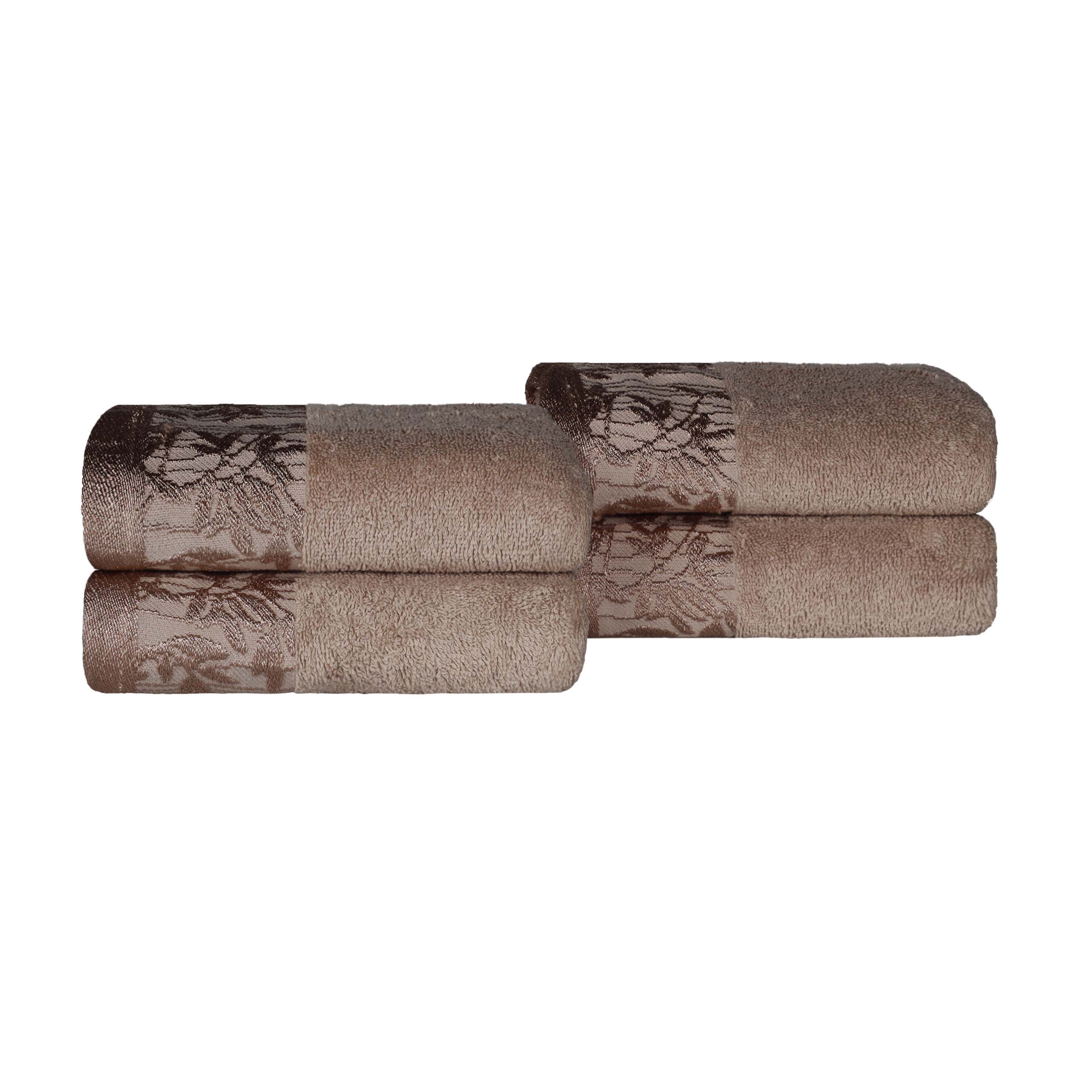 Premium Wisteria Cotton Floral Embroidered Jacquard Border Hand Towels - Set of 4 | Soft Absorbent Bathroom & Kitchen Towels for Guest Bath, Powder Room, and Luxury Home Decor