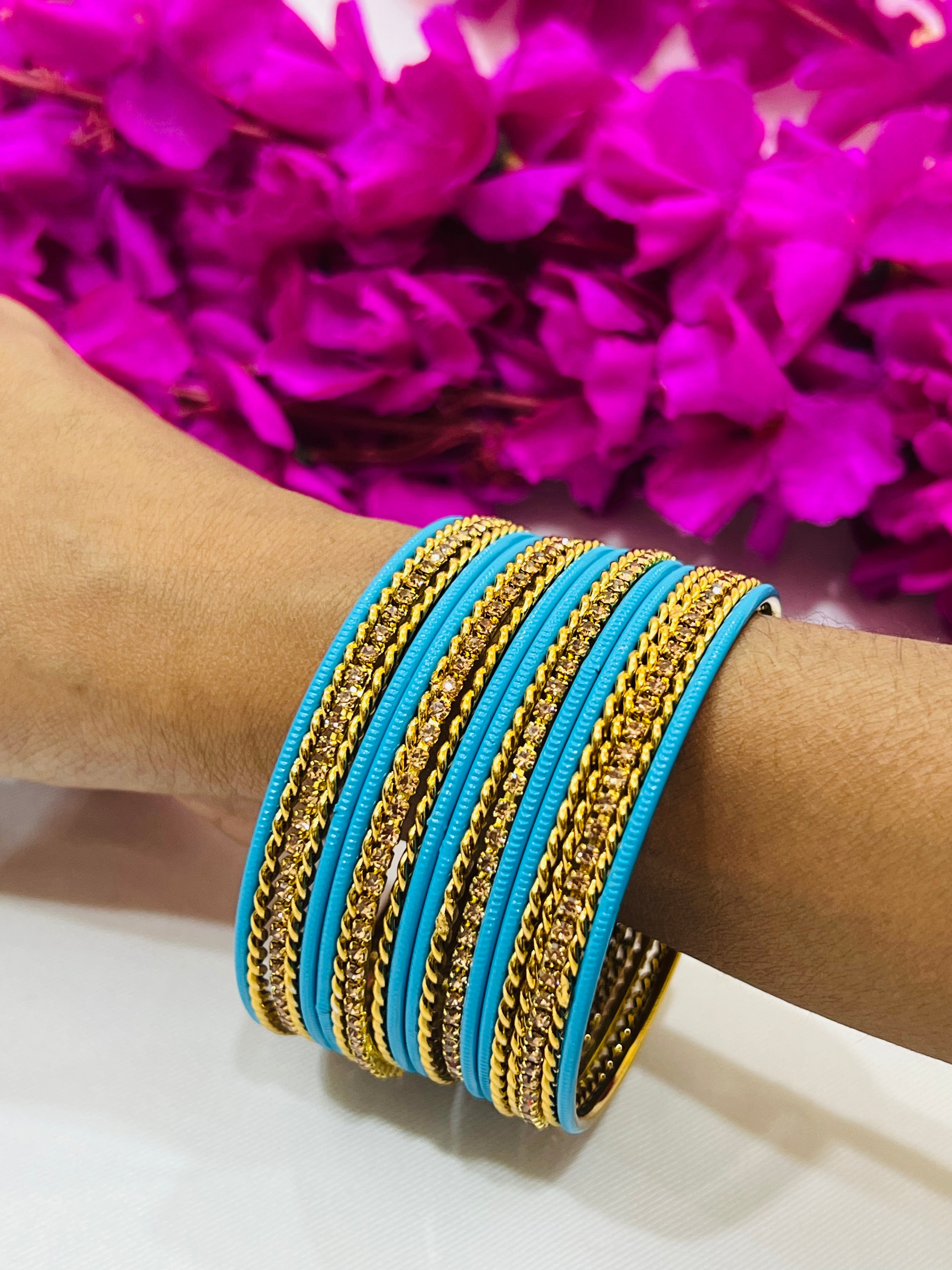 Stylish Sky Blue Metal Bangles with Elegant Gold Spiral Design - Trendy Women's Fashion Jewelry for Parties, Weddings & Everyday Wear