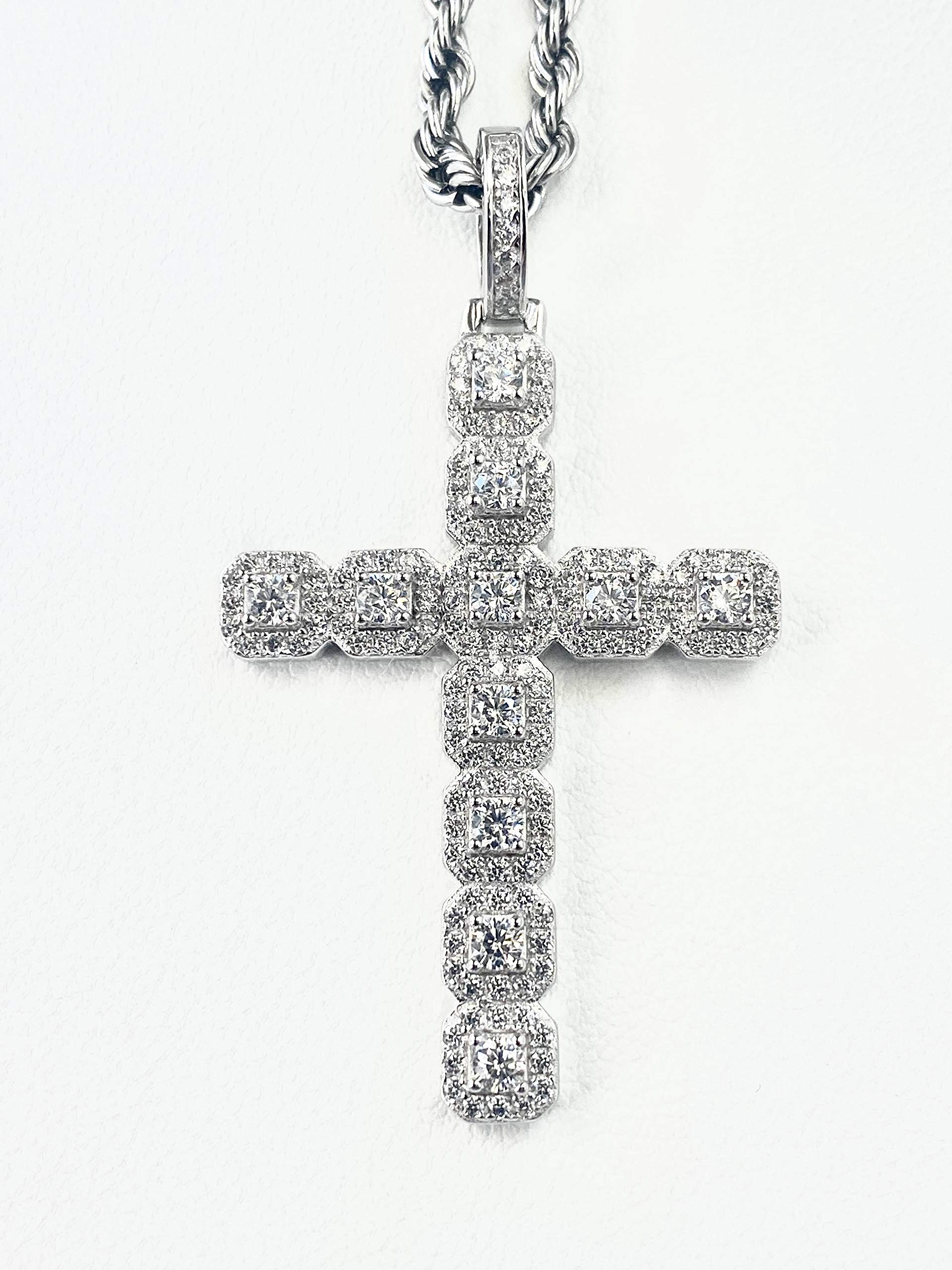 925 Sterling Silver Iced Out Tennis Cross Pendant for Men & Women - 3mm Stainless Steel Rope Chain (16