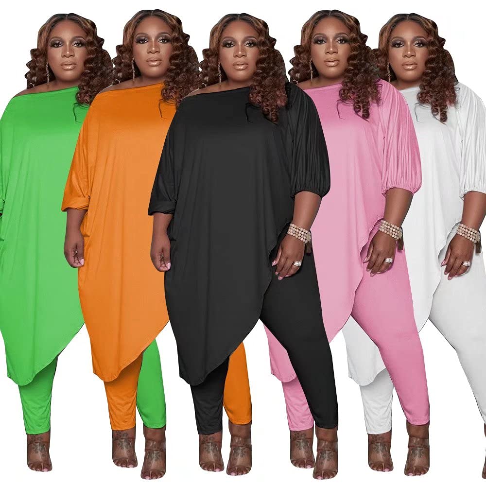 Plus Size Women's Tracksuit Set - Long Sleeve Asymmetrical Top & Bodycon Pants Sweatsuit Outfit for Casual Wear, Gym & Lounge