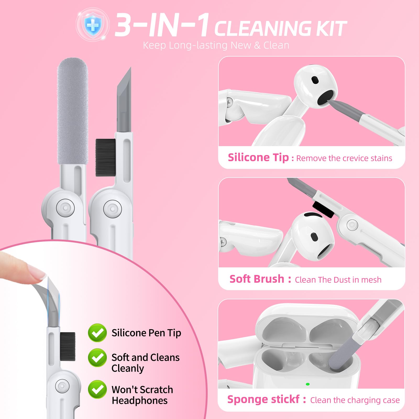 MagSafe AirPods Pro 2 Case with Stand & Cleaner - Pink | Auto-Open for 1st/2nd Gen | Travel & Daily Use
