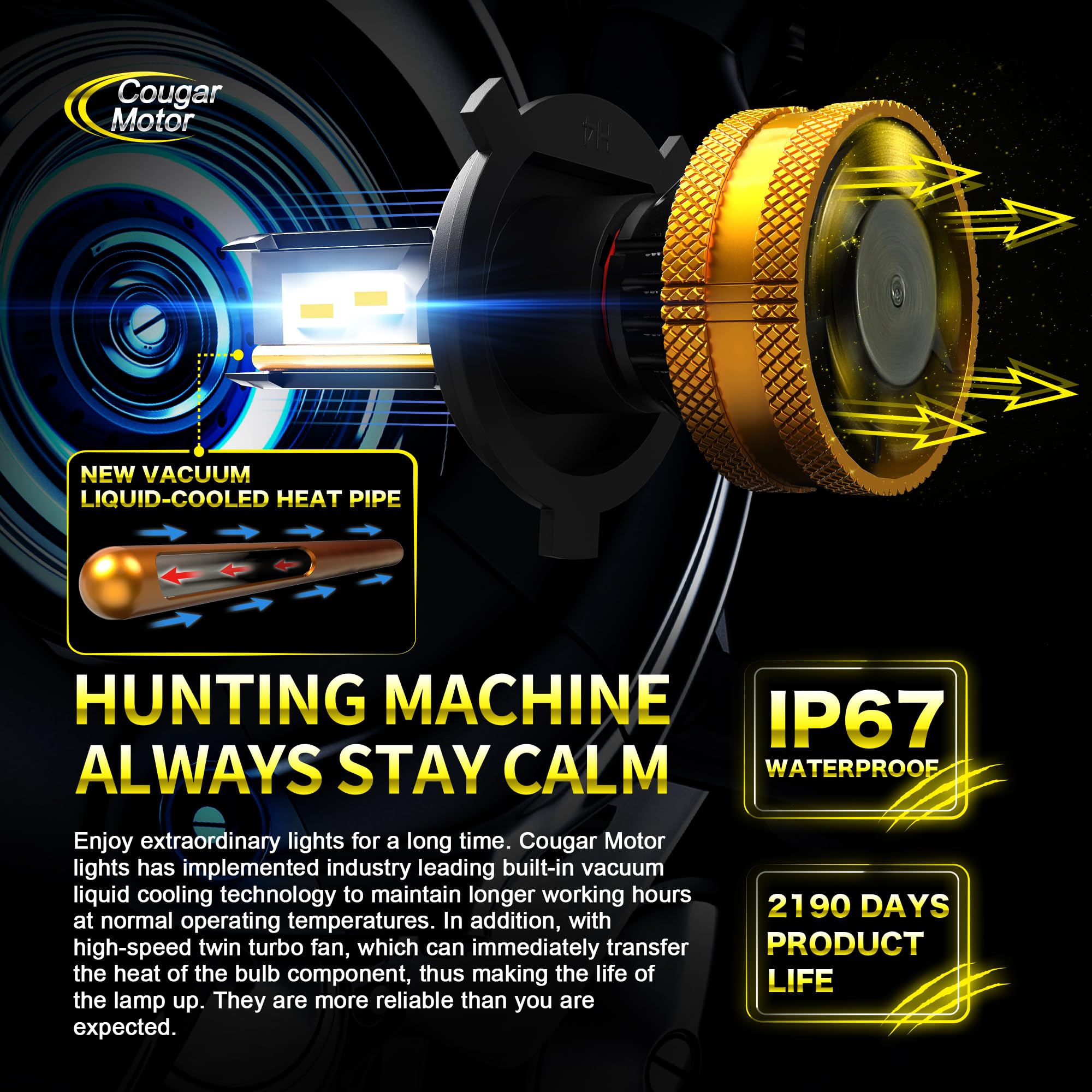 Cougar Motor H4 LED Headlight Bulbs 9003 6500K White - High Brightness Fog Lights with Cooling Fan, Easy Installation for Cars, Trucks, SUVs - Perfect for Night Driving and Bad Weather Conditions (Pack of 2)