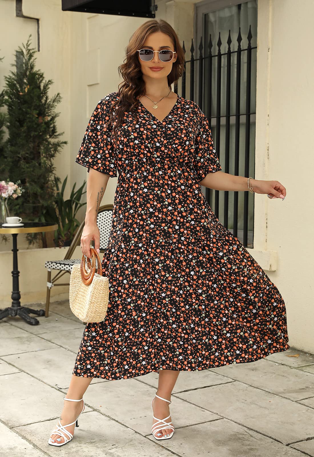 Plus Size Wedding Guest Maxi Dresses for Women - Summer Casual Boho Floral Long Party Sundress with 3/4 Sleeves | Elegant Church, Garden Wedding & Special Occasion Outfit