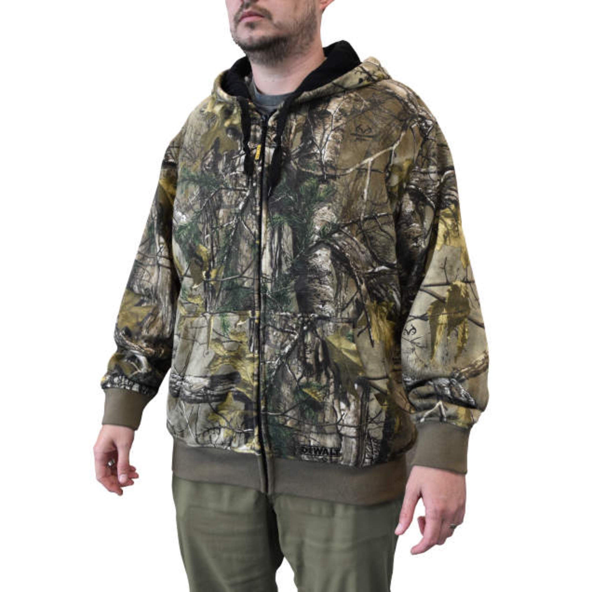 DEWALT® Men's Heated Camouflage Hoodie with Battery – 3 Heating Zones, Thermal Waffle Knit Lining, Wind Resistant | Realtree Xtra® Camo | Sizes S-3XL | Perfect for Hunting, Fishing & Outdoor Winter Activities