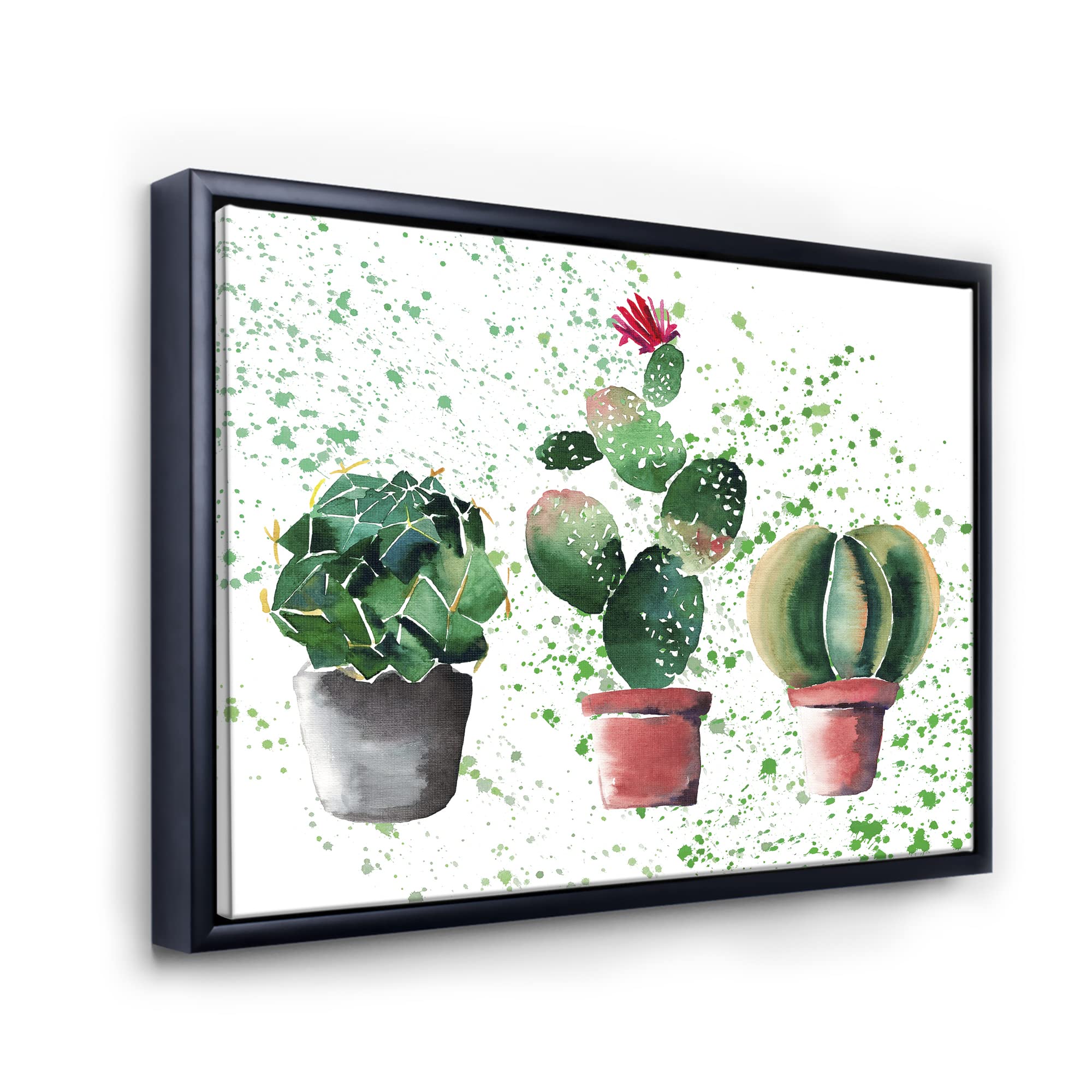 DesignQ Three Cacti In Clay Pots - Traditional Framed Canvas Wall Art Print for Home & Office Decor | Perfect for Living Room, Bedroom, Kitchen Wall Decoration