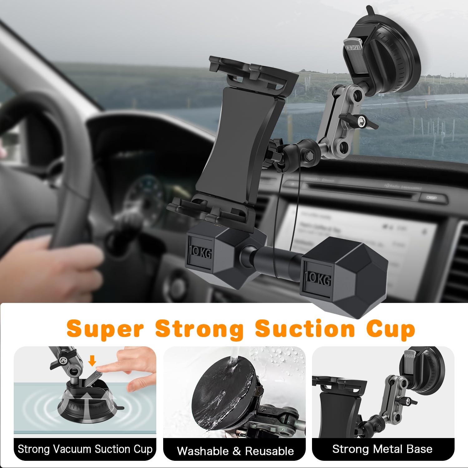 Jubor 360° Rotatable Car Tablet Holder with Strong Suction Cup - Adjustable Dashboard & Windscreen Mount for iPad Air/Mini, iPhone, Galaxy (Fits 4.7-12.9