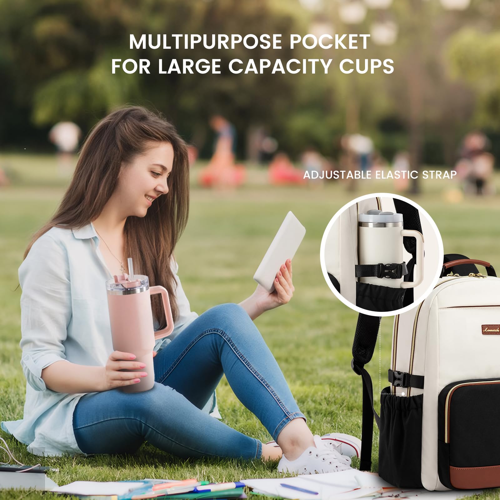 LOVEVOOK Women's 17 Inch Laptop Backpack - Large Capacity Waterproof Travel Computer Bag with Pouch Pocket for Cup - Business Work Backpack for College, Teacher & Office Use - Beige, Black & Brown Color Options