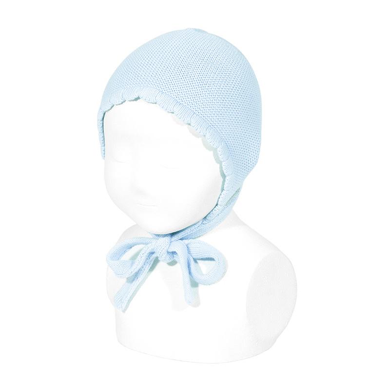 Soft Baby Blue Garter Stitch Bonnet - Handmade Knit Newborn Hat for Photography & Winter Protection