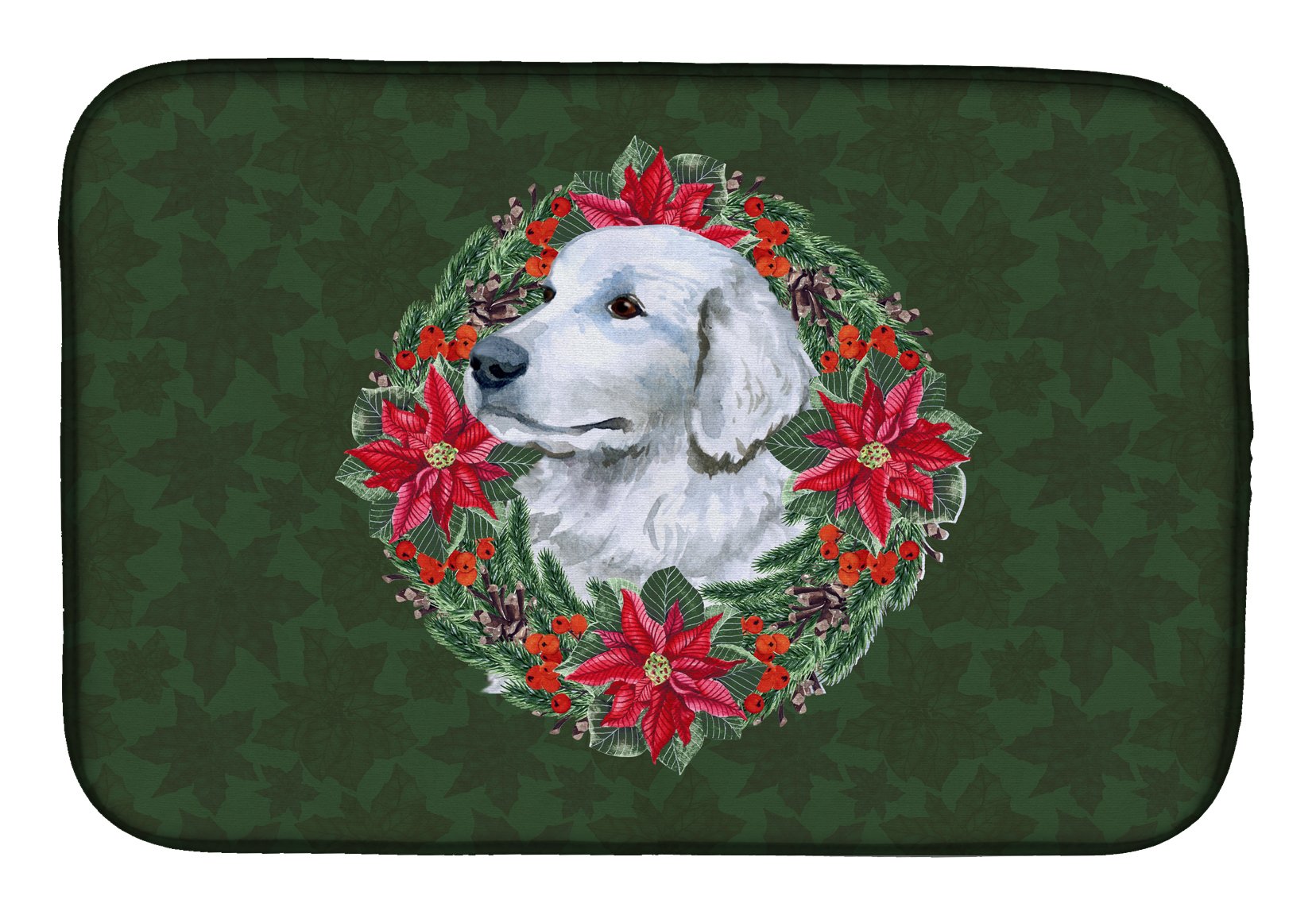 Maremma Sheepdog Poinsettia Wreath Dish Drying Mat - Absorbent Kitchen Counter Mat for Dishes, 14 x 21 Inches, Multicolor - Perfect for Holiday Decor & Countertop Protection
