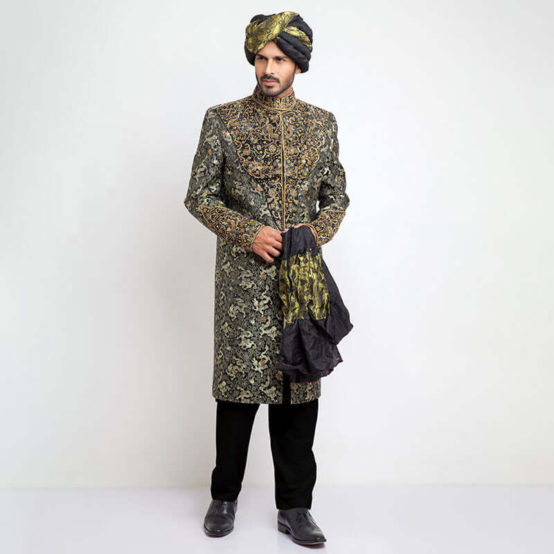 Deep Green Dragon Brocade Sherwani - Elegant Embroidered Men's Wedding Suit for Indian Groom | Perfect for Weddings, Festivals & Special Occasions