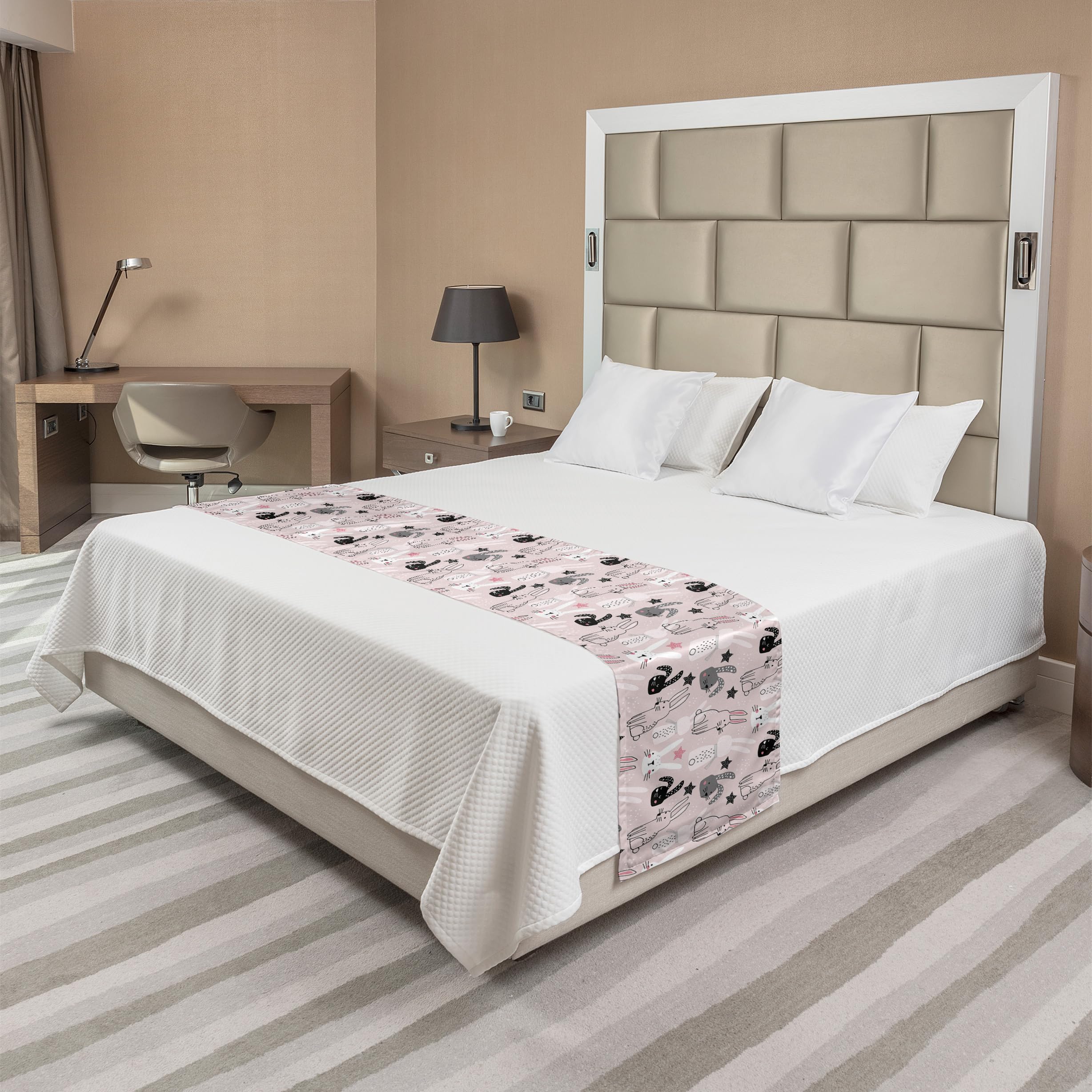 Ambesonne Easter Bunny Bed Runner - Hand Drawn Cartoon Bunnies & Stars Design - Decorative Bed Scarf for King Size Beds - Rose Charcoal Grey - Perfect for Easter Decor, Spring Bedroom Makeover & Hotel Room Styling