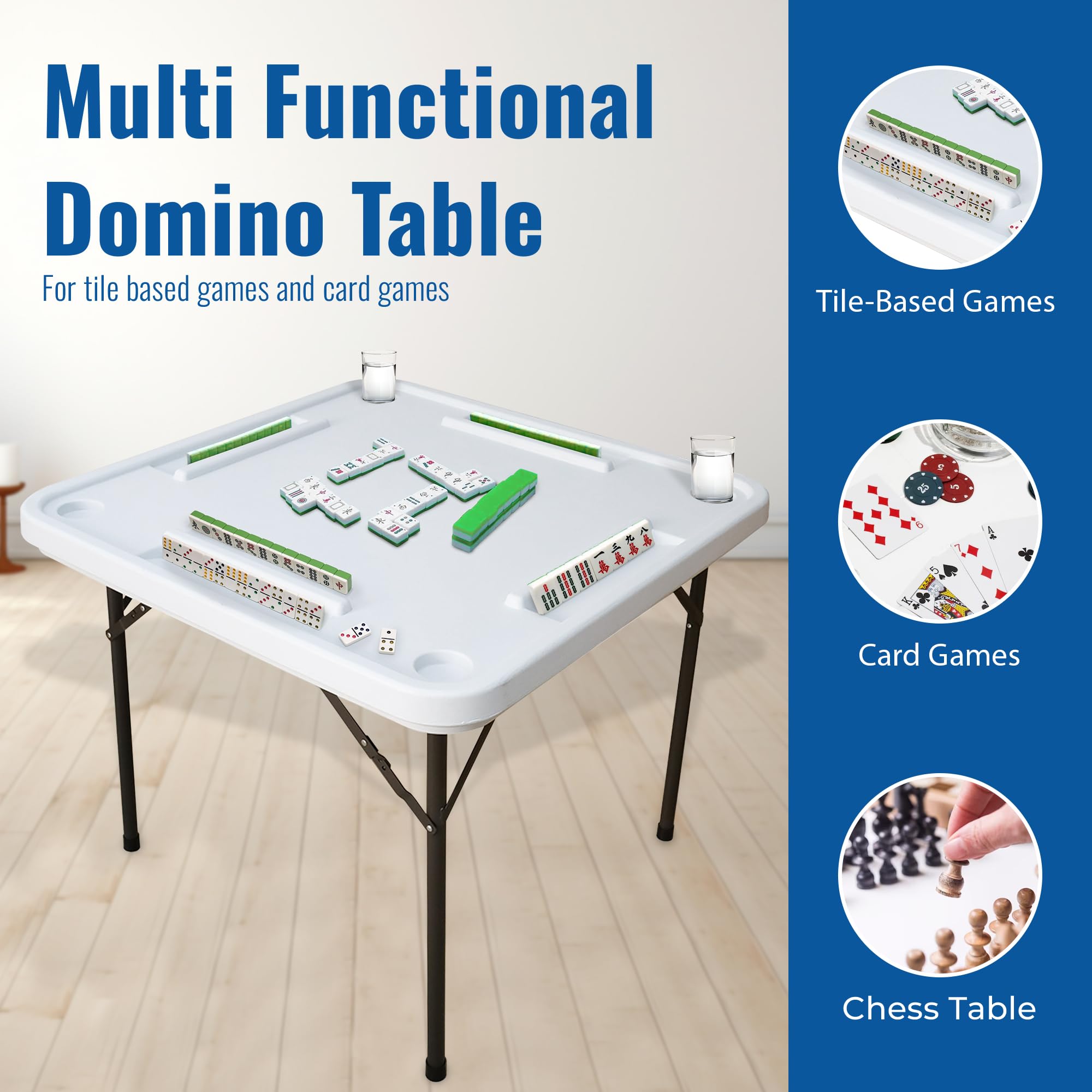 White Folding Domino Table with Built-in Cup Holders & Card Slots - 4 Player Portable Game Table for Mahjong, Poker, Puzzles & Board Games - Perfect for Parties, Game Nights & Outdoor Gatherings - White