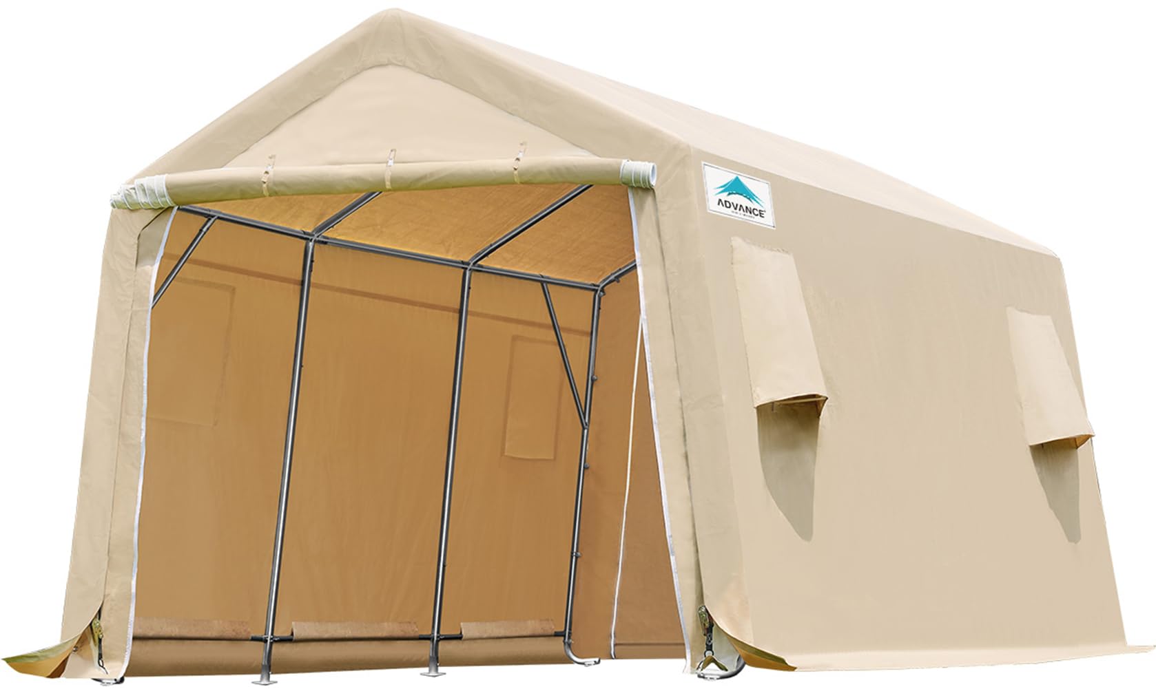 ADVANCE OUTDOOR 10X15 ft Heavy-Duty Steel Garage Shelter with Peak Roof - Portable Storage Shed for Motorcycle, Boat & Garden Tools - Includes 2 Roll-Up Doors & Ventilation (Beige) | Perfect for Vehicle Protection, Outdoor Storage & Backyard Organization