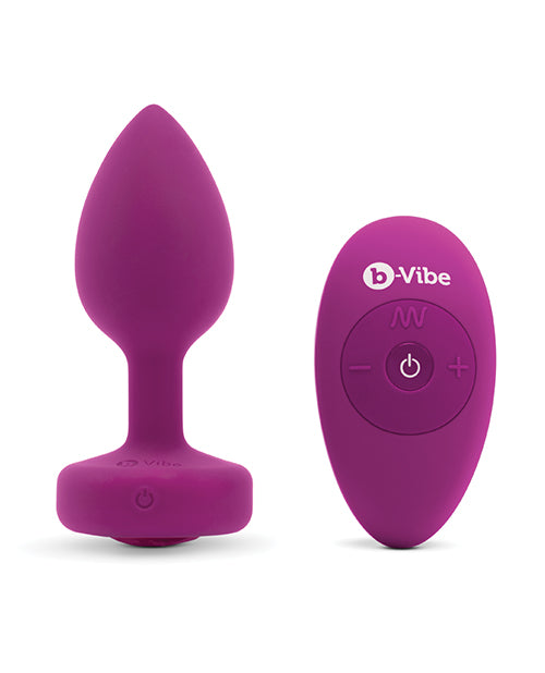 B Vibe Rechargeable Vibrating Jewel Anal Plug with Remote Control - Small/Medium Size, Fuchsia Color - Perfect for Couples Play & Solo Pleasure