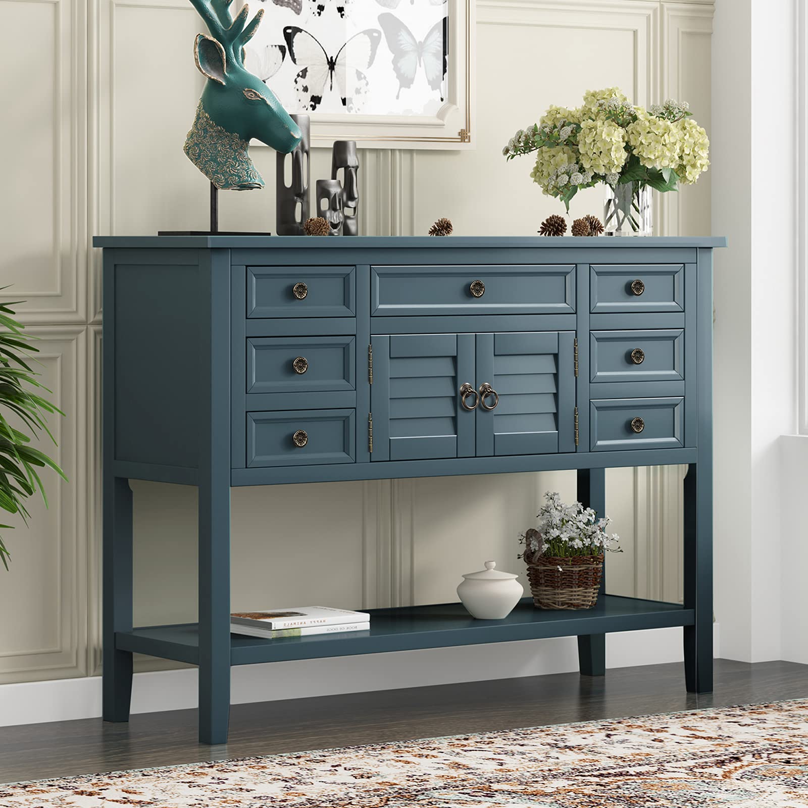 Amposei 45 Inch Modern Wooden Buffet Table with 7 Drawers & Open Shelf - Entryway Console Table, Sofa Table, Sideboard Storage Cabinet for Living Room, Kitchen, Bedroom, Hallway (Blue) | Perfect for Home Decor, Dining Room Storage & Small Space Organization