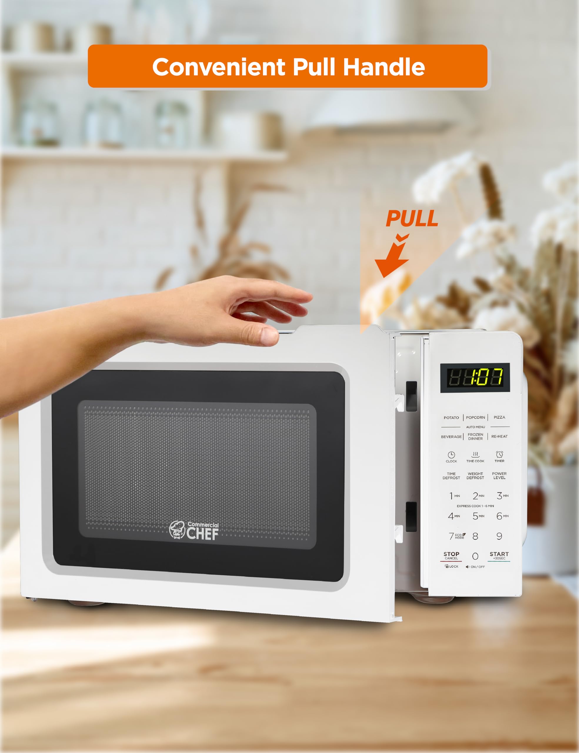 Commercial Chef 0.7 Cu Ft Compact Microwave Oven - 700W Countertop Microwave with 10 Power Levels, Pull Handle, 99-Minute Timer & Digital Display - Perfect for Dorms, Offices & Small Kitchens (White)