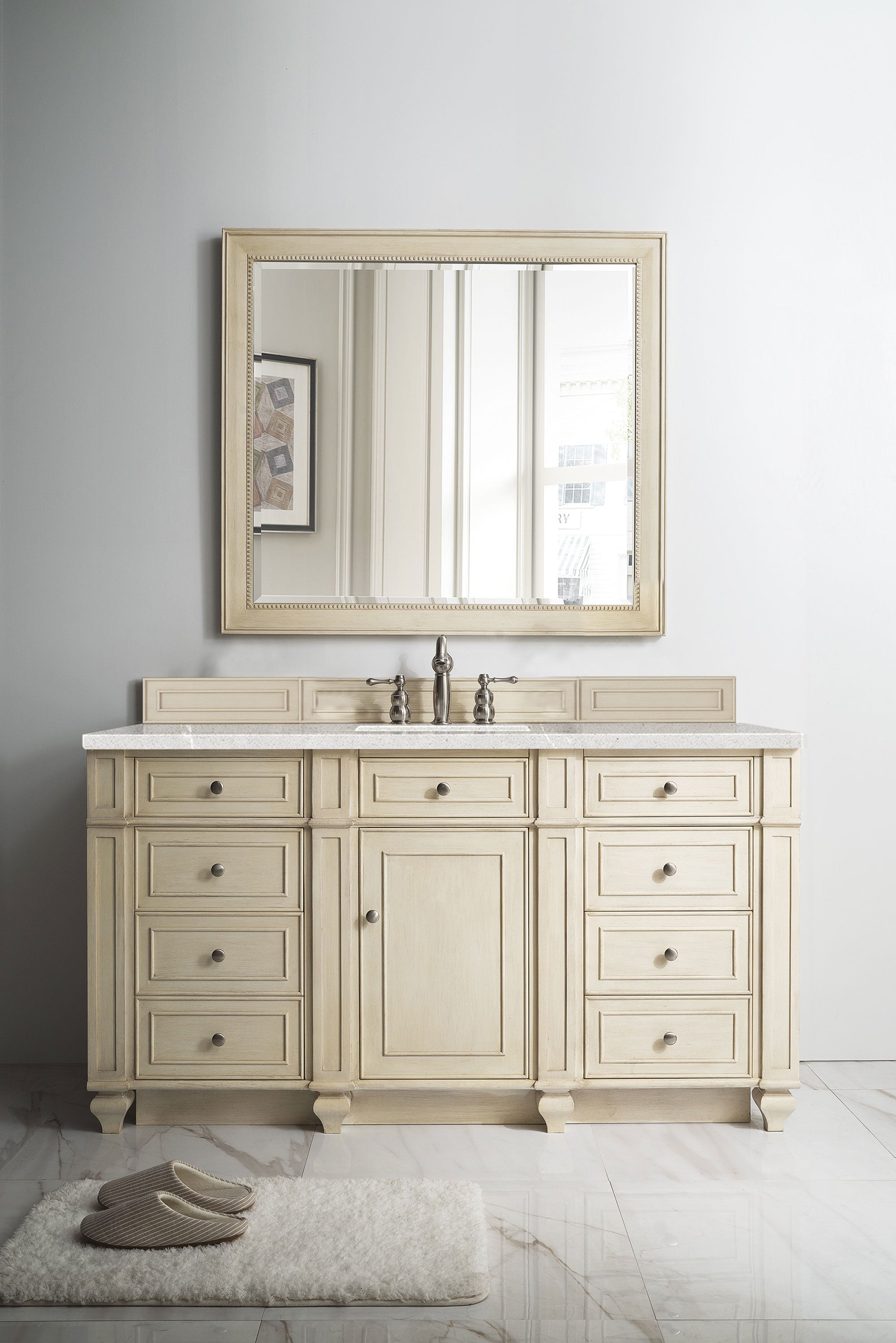 Bristol 60 Inch Single Bathroom Vanity Set with 3CM Eternal Serena Quartz Countertop in Vintage Vanilla - Perfect for Modern Farmhouse, Coastal, or Traditional Bathroom Designs