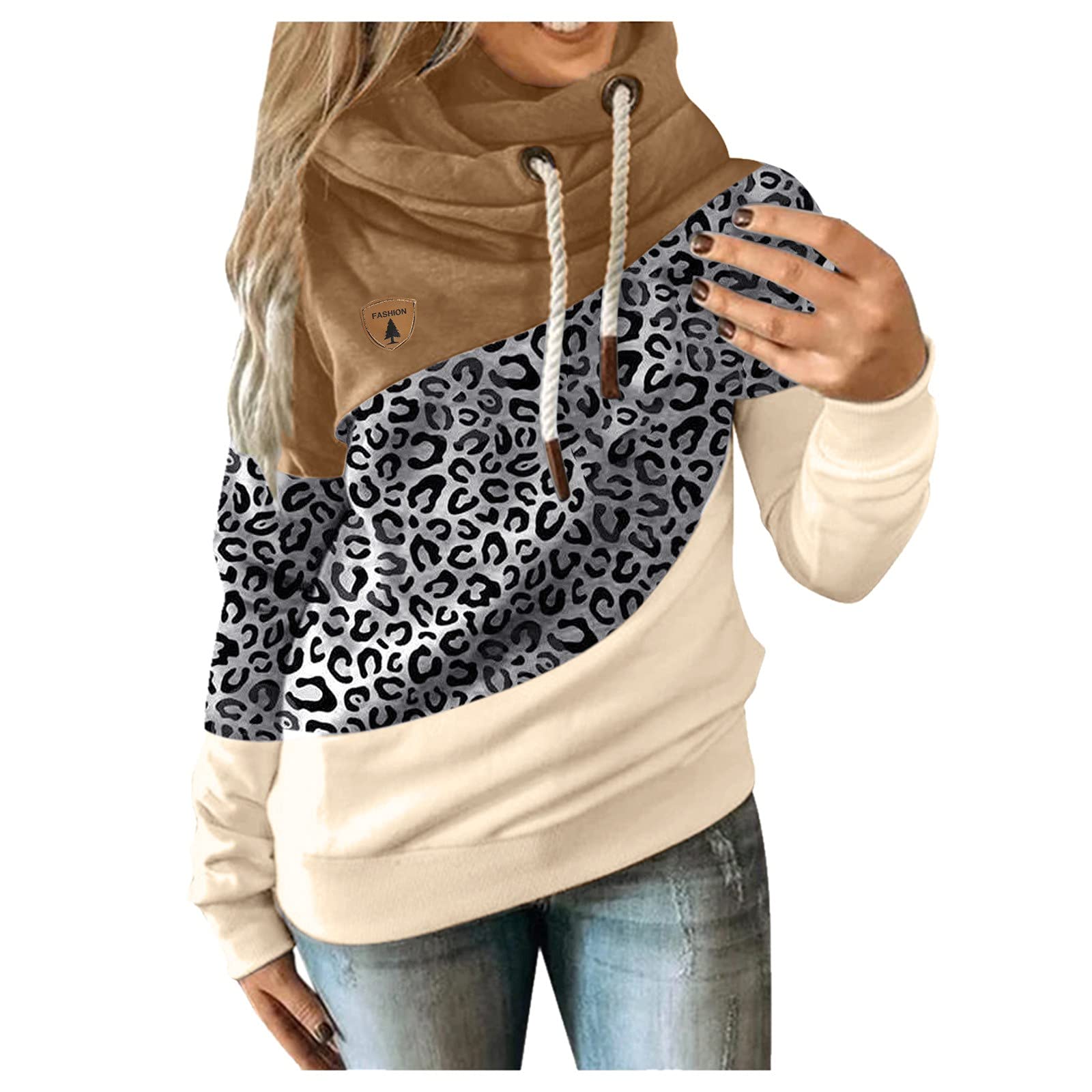 Women's Long Sleeve Leopard Print Hoodie - Casual Contrast Strap Sweatshirt Tops for Everyday Wear, Street Style & Loungewear
