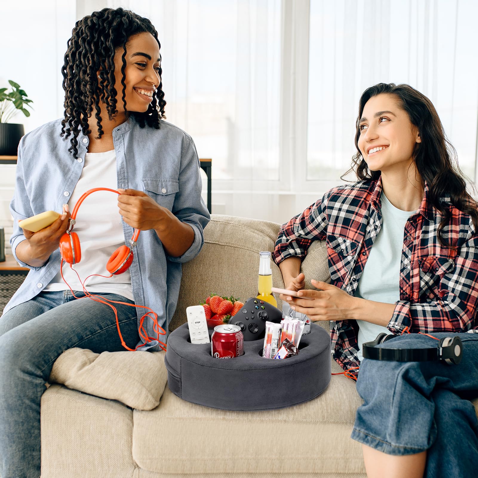 7-in-1 Multi-Functional Couch Cup Holder Pillow - Drink Caddy for Sofa, Bed, Car, RV & Beach - Grey - Perfect for Movie Nights, Road Trips and Relaxing Outdoors