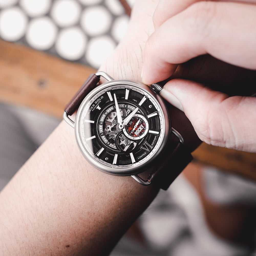 ARIES GOLD Automatic Rocky Limited Edition Invincible Silver Stainless Steel Men's Watch with Black Leather Strap - G 9013 S - Perfect for Business, Casual & Formal Occasions