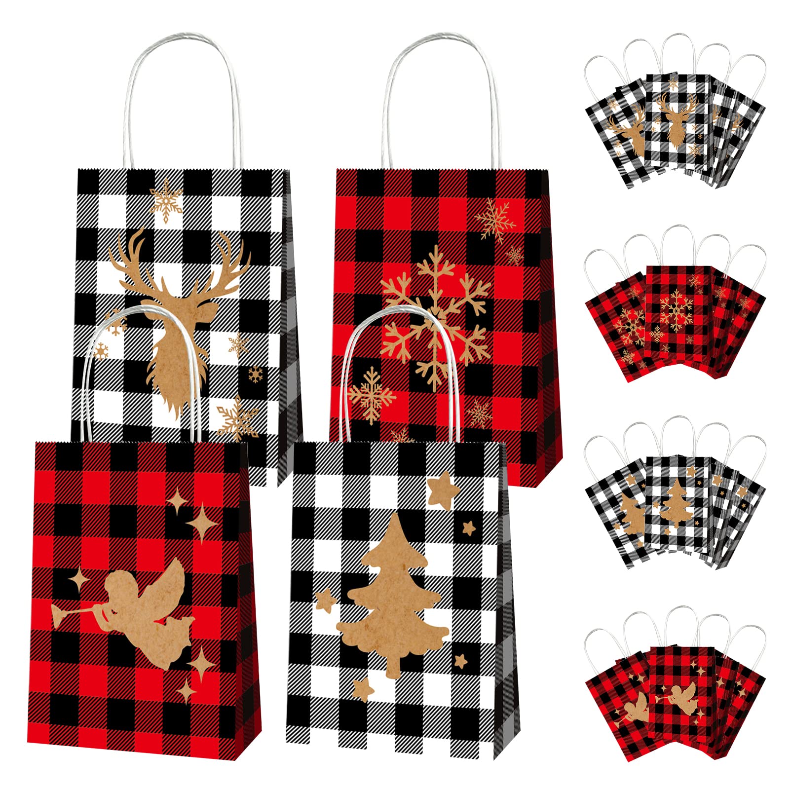 24-Piece Christmas Red and Black Buffalo Plaid Gift Bags Set - 8.3x6.3 Inch Reusable Kraft Paper Party Favor Bags for Holiday Treats, Candy, Weddings & Birthday Gifts | Perfect for Xmas Decorations, Office Parties & Secret Santa Exchanges