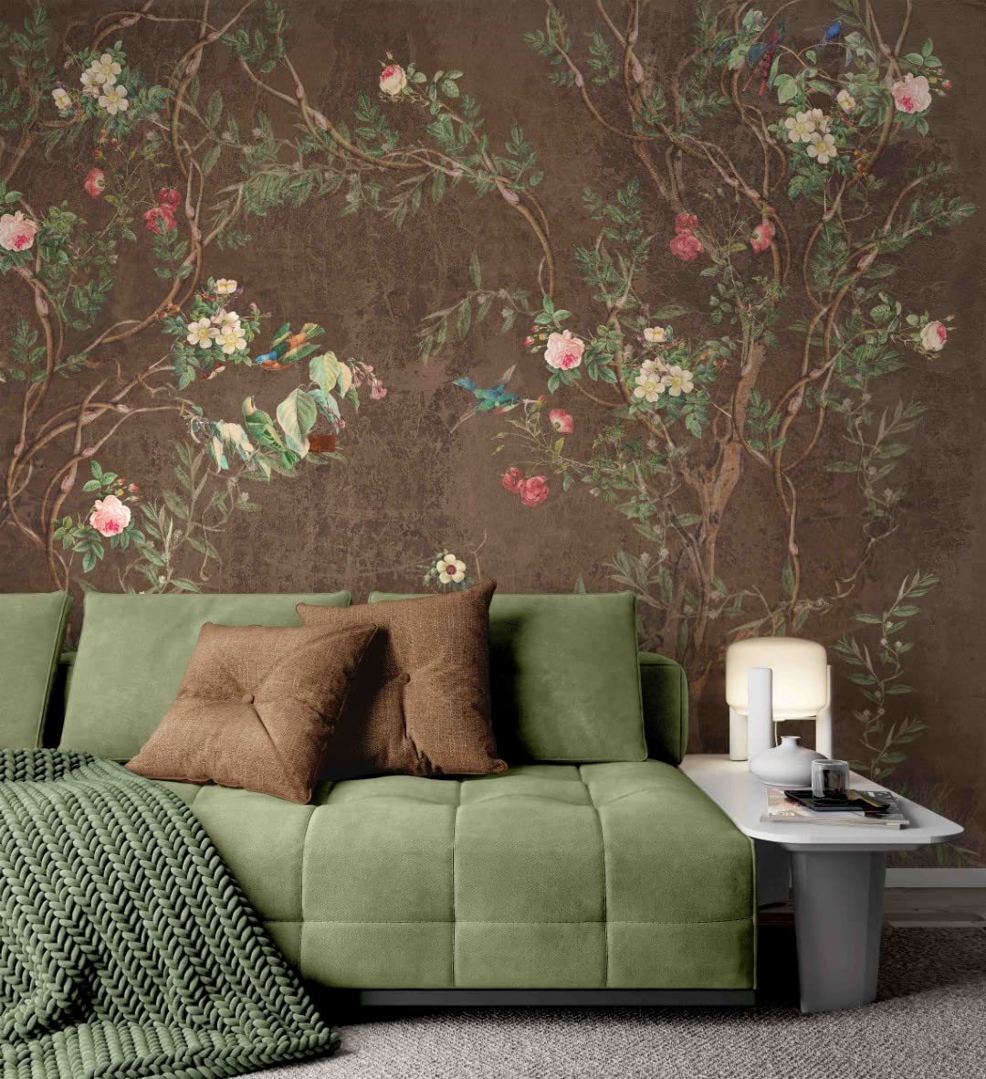Chinoiserie Floral Bird Wallpaper - Brown Background Peel and Stick Removable Wallpaper - 67