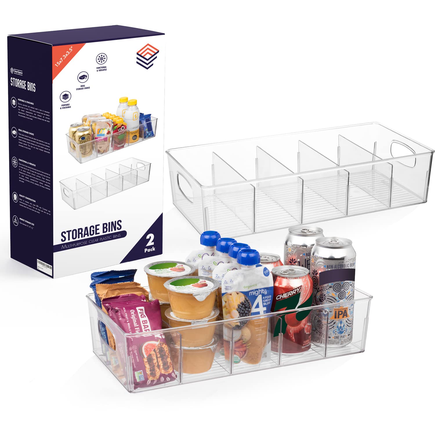 ClearSpace XL Plastic Pantry Storage Bins with Removable Dividers – 2 Pack Kitchen & Refrigerator Organizers for Food, Snacks, Spices – Perfect for Cabinet, Countertop, and Fridge Organization