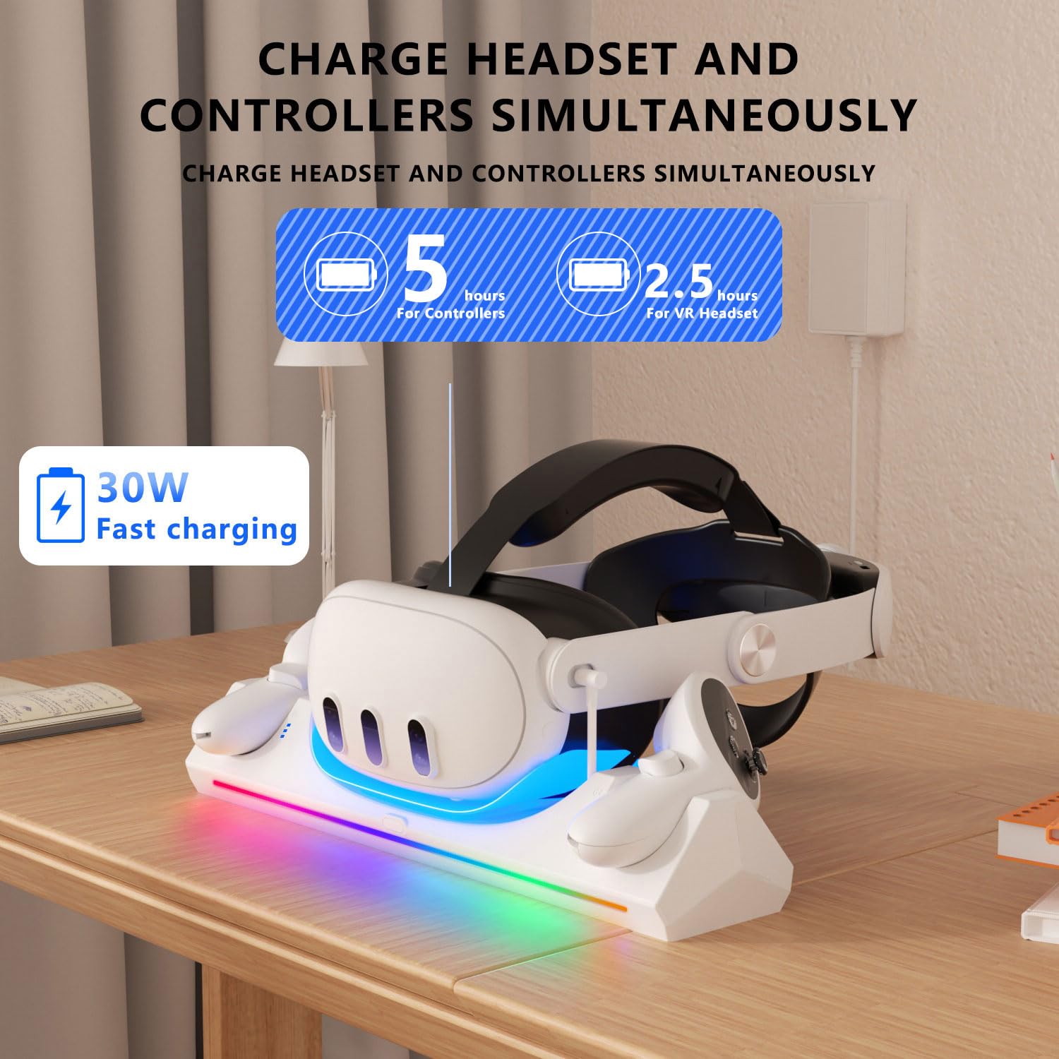 Oculus Quest 3S/Quest 3 Fast Charging Dock with 30W Adapter & LED Indicator - Includes 2x 1800mAh Rechargeable Batteries for VR Headset Accessories - Perfect for Gaming, VR Streaming & Extended Play Sessions