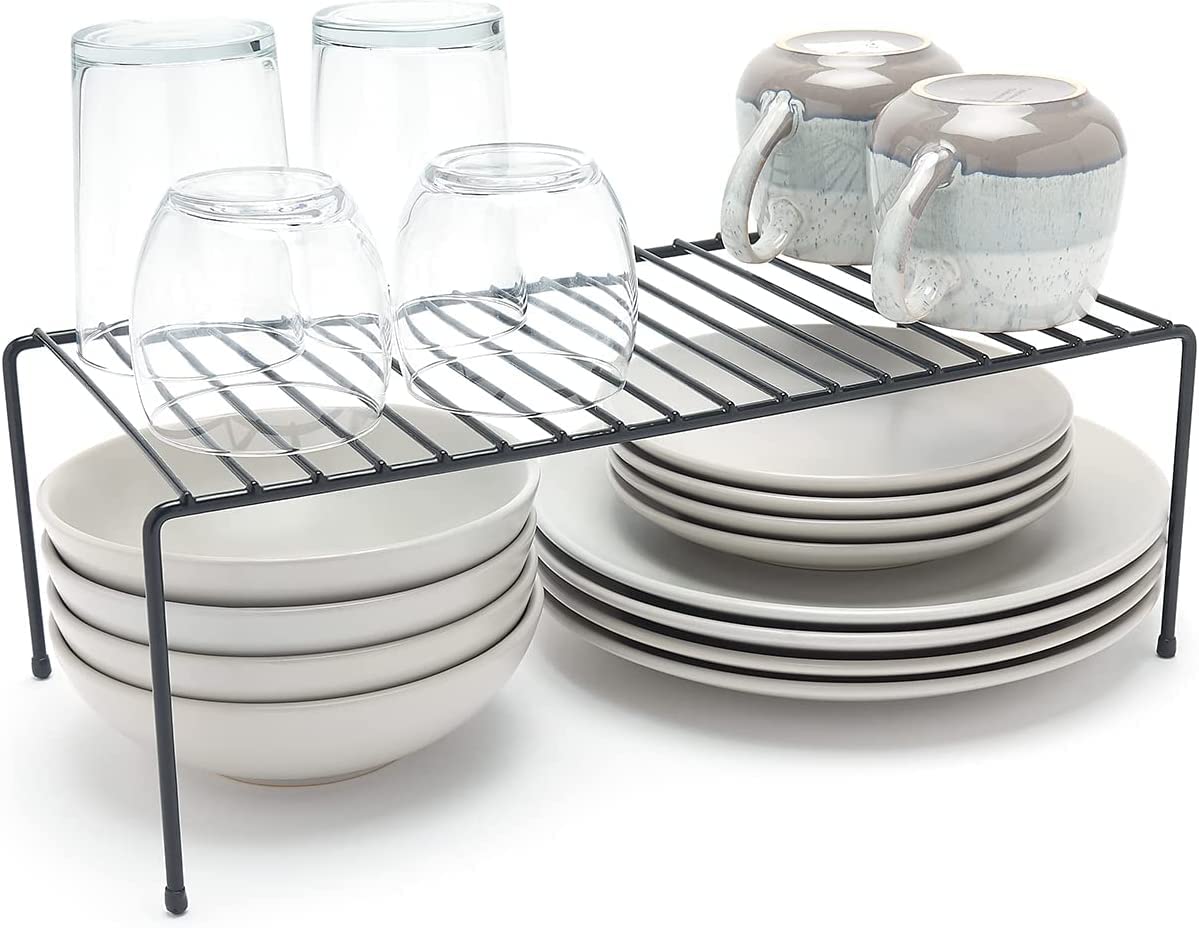 12-Piece Black Multipurpose Dish Rack & Storage Shelf for Kitchen Cabinets - Plate Stand, Utensil Organizer with Chrome Finish (Stainless Steel) - Perfect for Small Spaces, Countertop Organization & Dish Drying