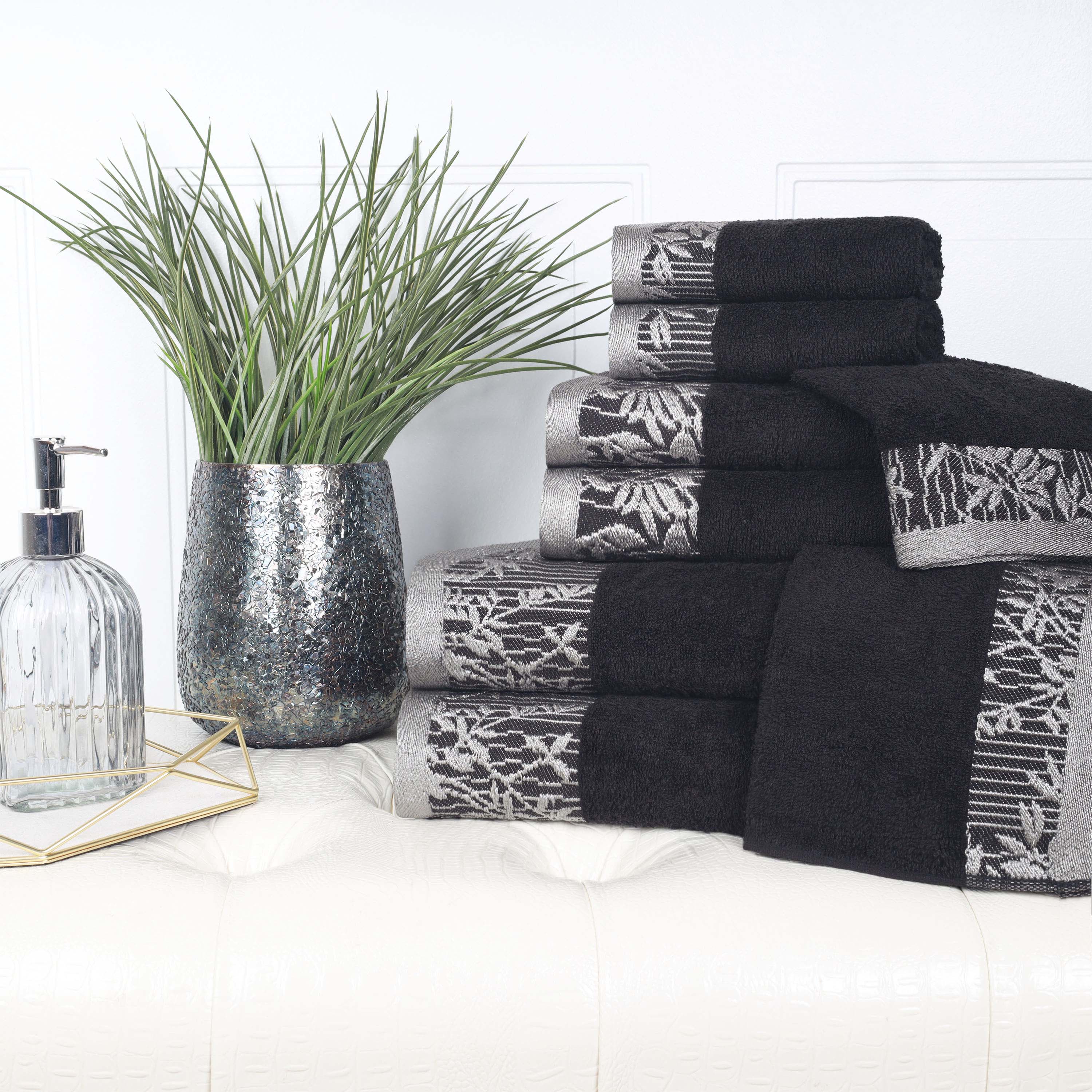 Luxury Wisteria Cotton Floral Embroidered Jacquard Border 8-Piece Bath Towel Set - Soft Absorbent Towels for Spa, Bathroom & Guest Use